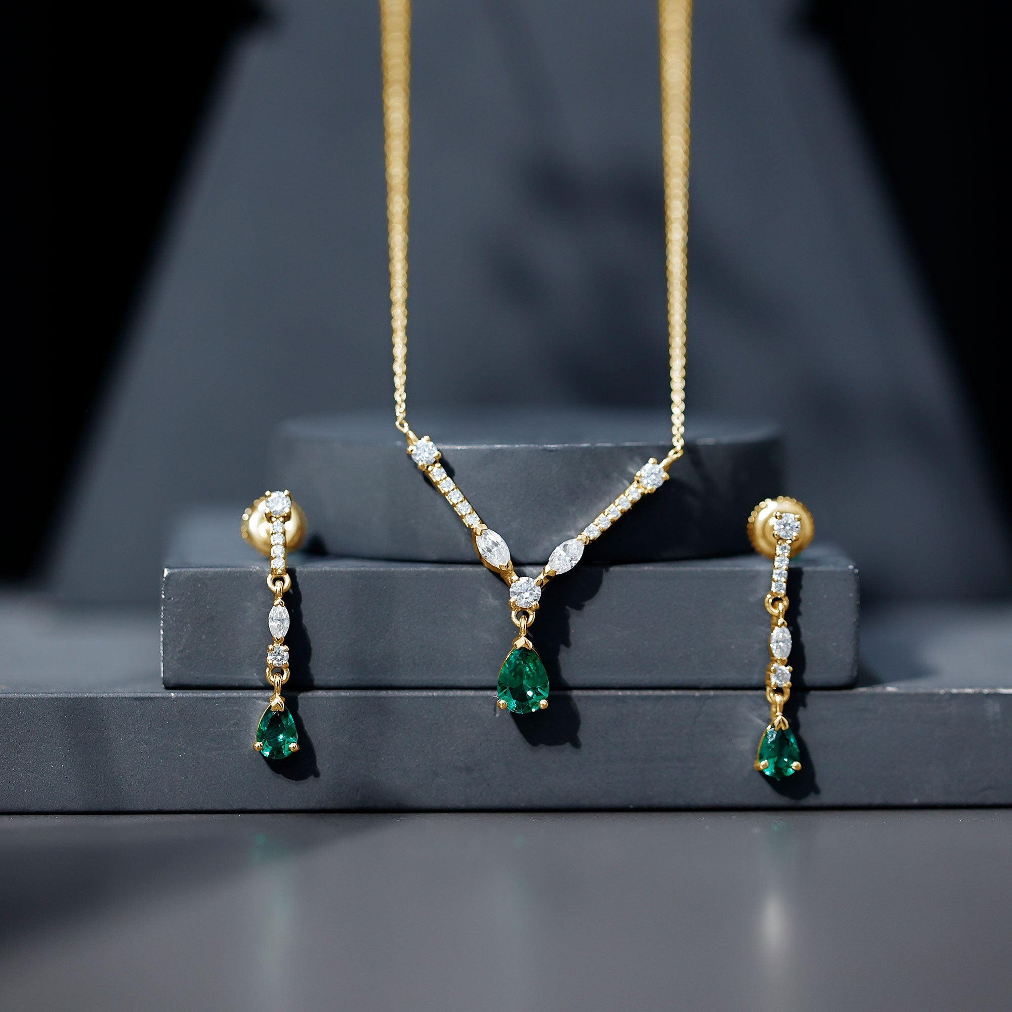 Emerald Bridal Necklace - Lab Created Emerald Wedding Jewelry Set With Moissanite Earrings