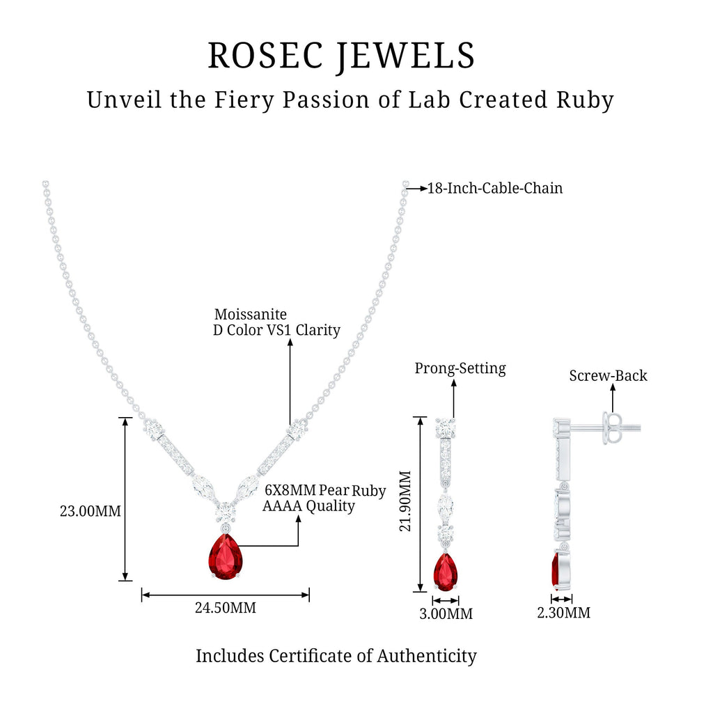 Lab Created Ruby and Moissanite Teardrop Necklace Earrings Set