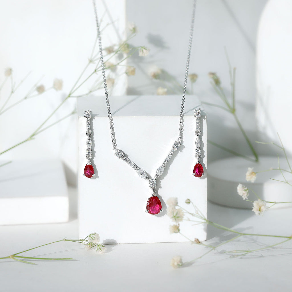 Lab Created Ruby and Moissanite Teardrop Necklace Earrings Set