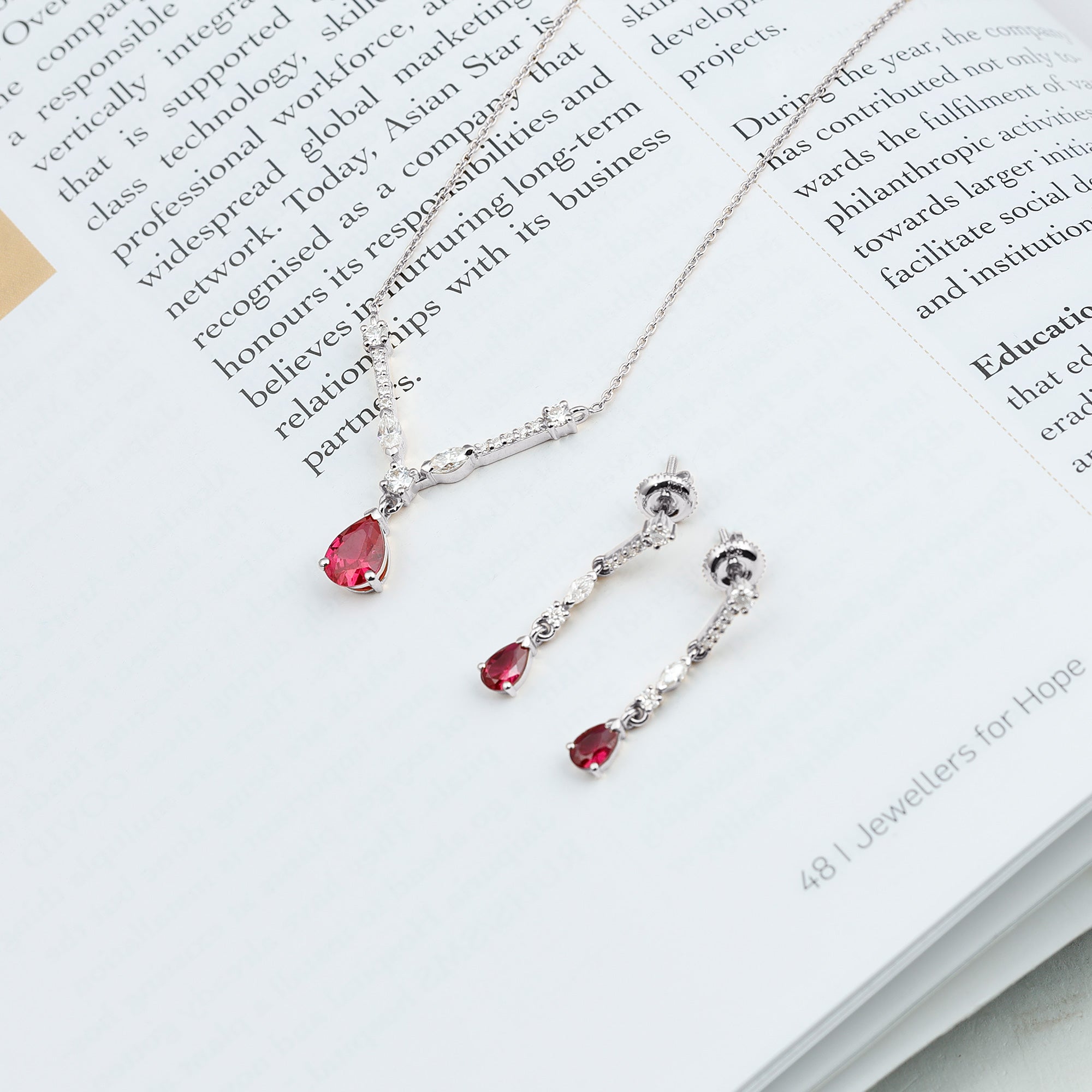 Lab Created Ruby and Moissanite Teardrop Necklace Earrings Set