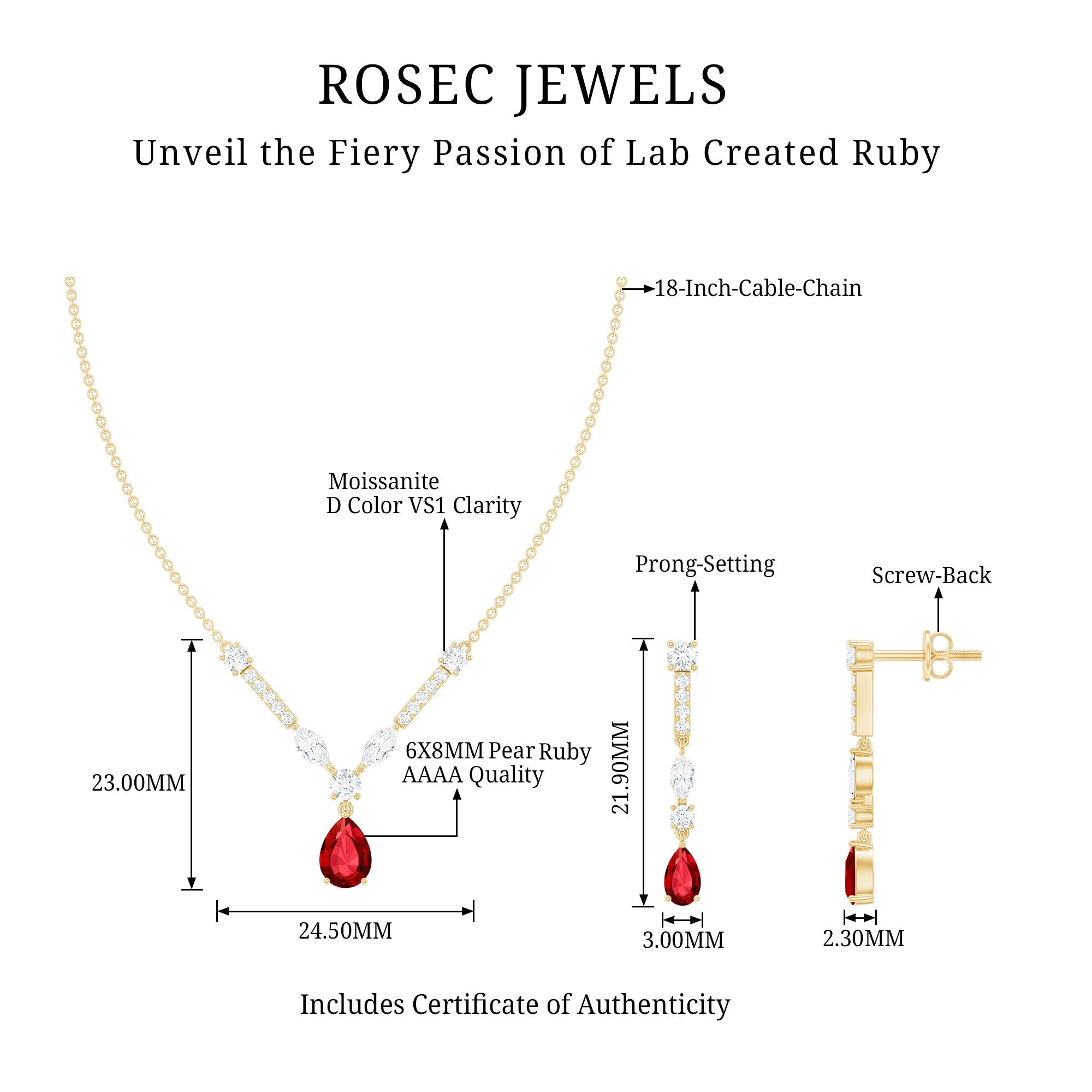 Lab Created Ruby and Moissanite Teardrop Necklace Earrings Set