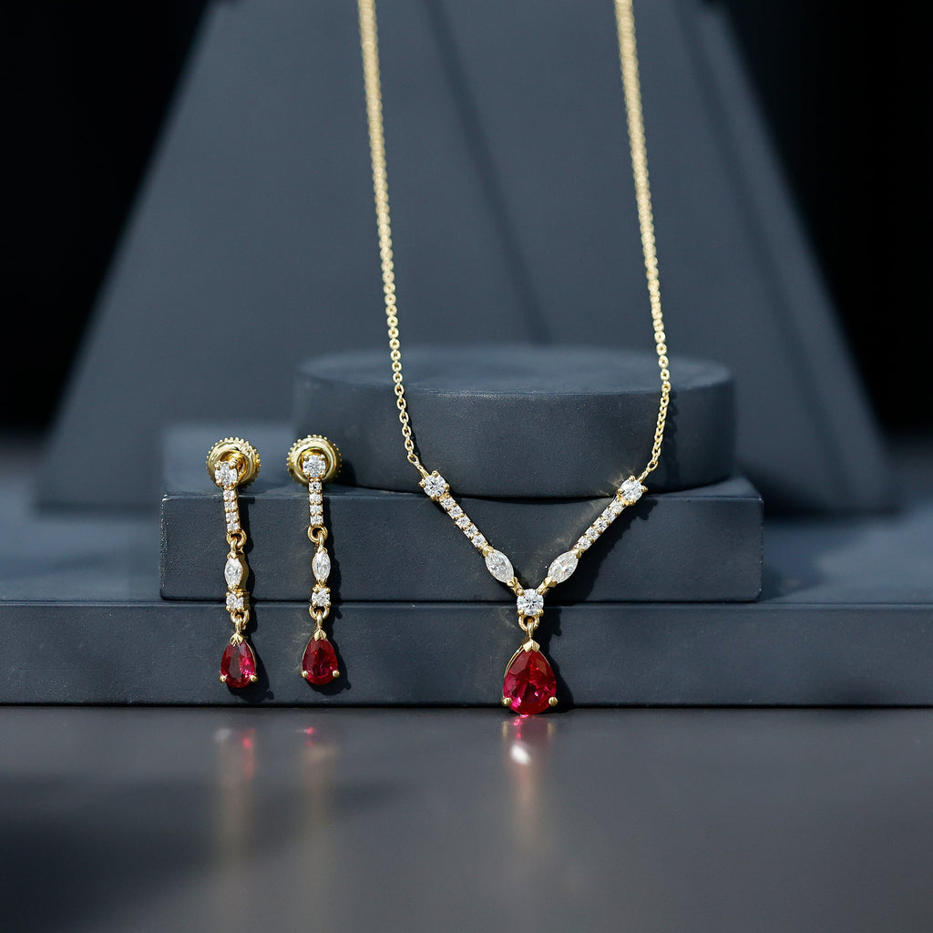Lab Created Ruby and Moissanite Teardrop Necklace Earrings Set