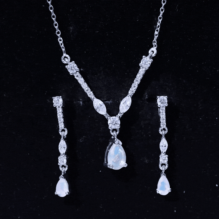 Ethiopian Opal Jewelry Set – Bridal Teardrop Pendant Necklace & Moissanite Earrings