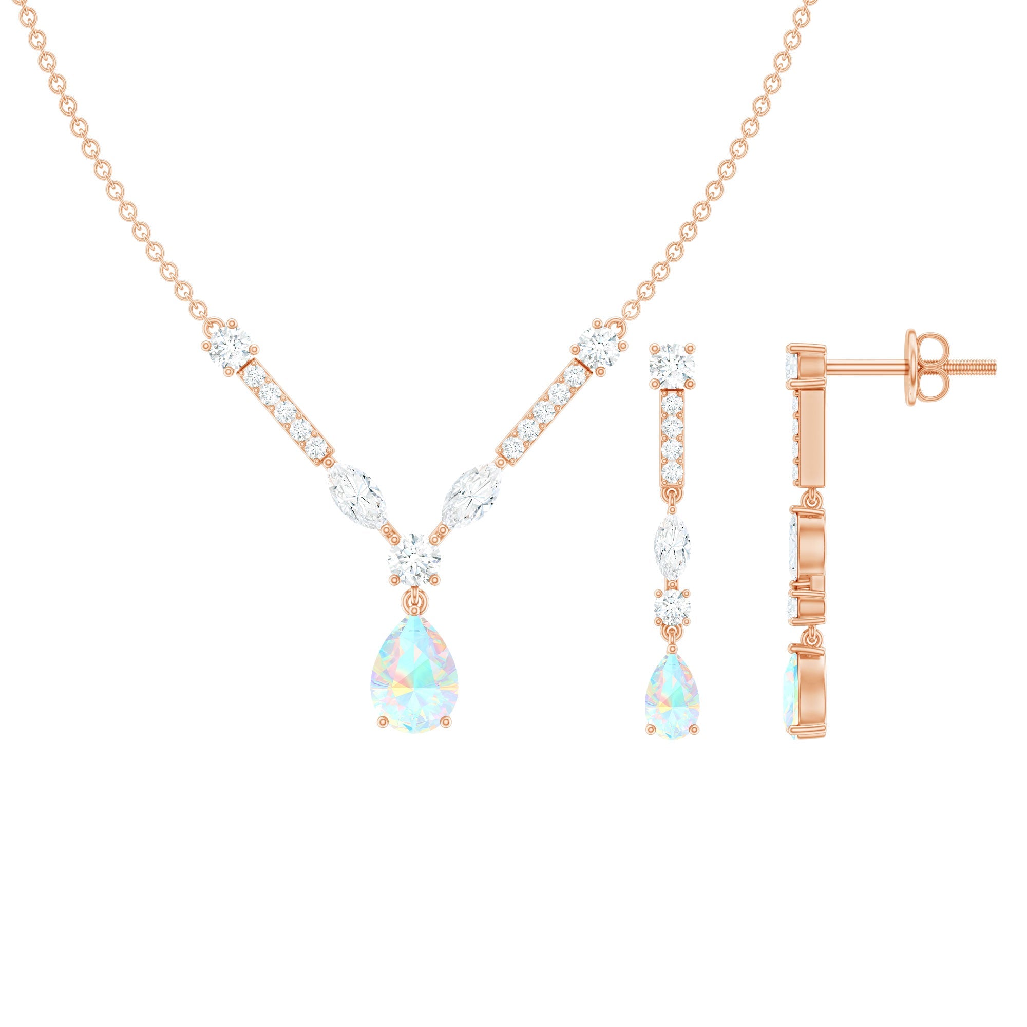 Ethiopian Opal Jewelry Set – Bridal Teardrop Pendant Necklace & Moissanite Earrings
