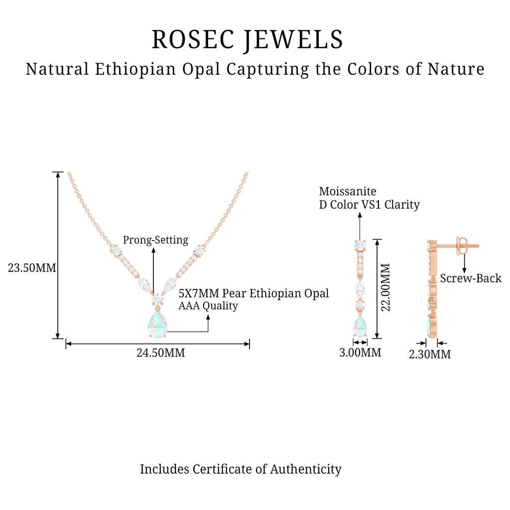 Ethiopian Opal Jewelry Set – Bridal Teardrop Pendant Necklace & Moissanite Earrings