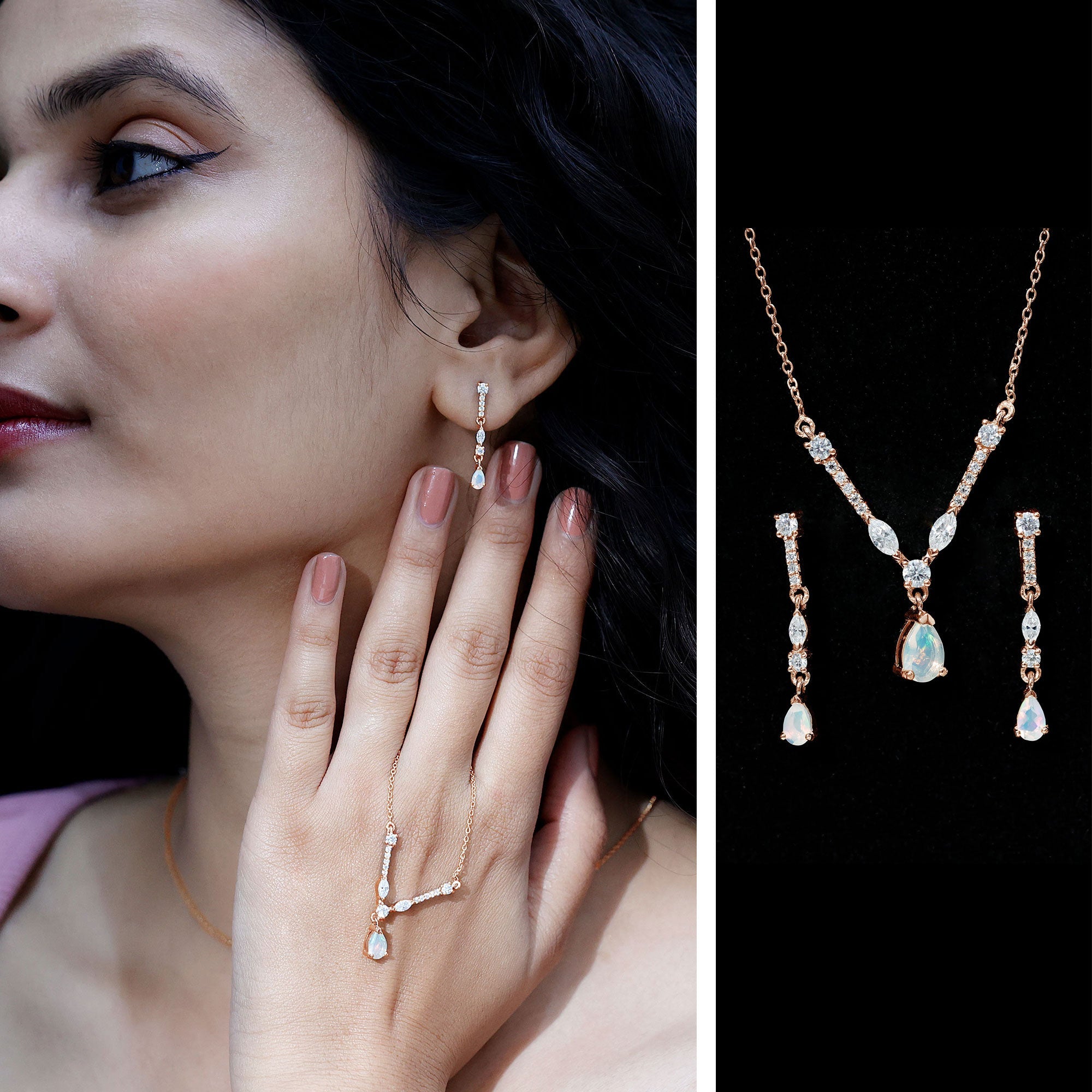 Ethiopian Opal Jewelry Set – Bridal Teardrop Pendant Necklace & Moissanite Earrings
