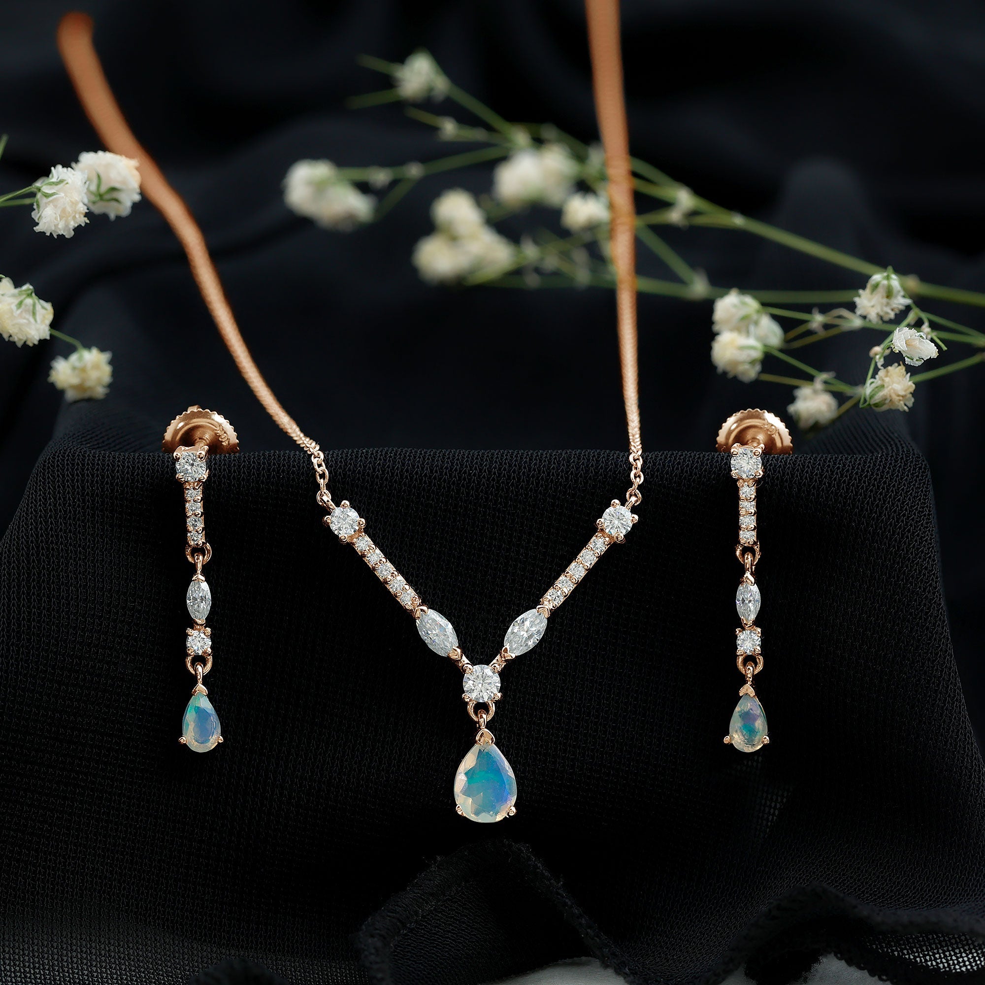 Ethiopian Opal Jewelry Set – Bridal Teardrop Pendant Necklace & Moissanite Earrings
