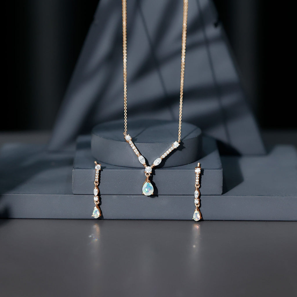 Ethiopian Opal Jewelry Set – Bridal Teardrop Pendant Necklace & Moissanite Earrings