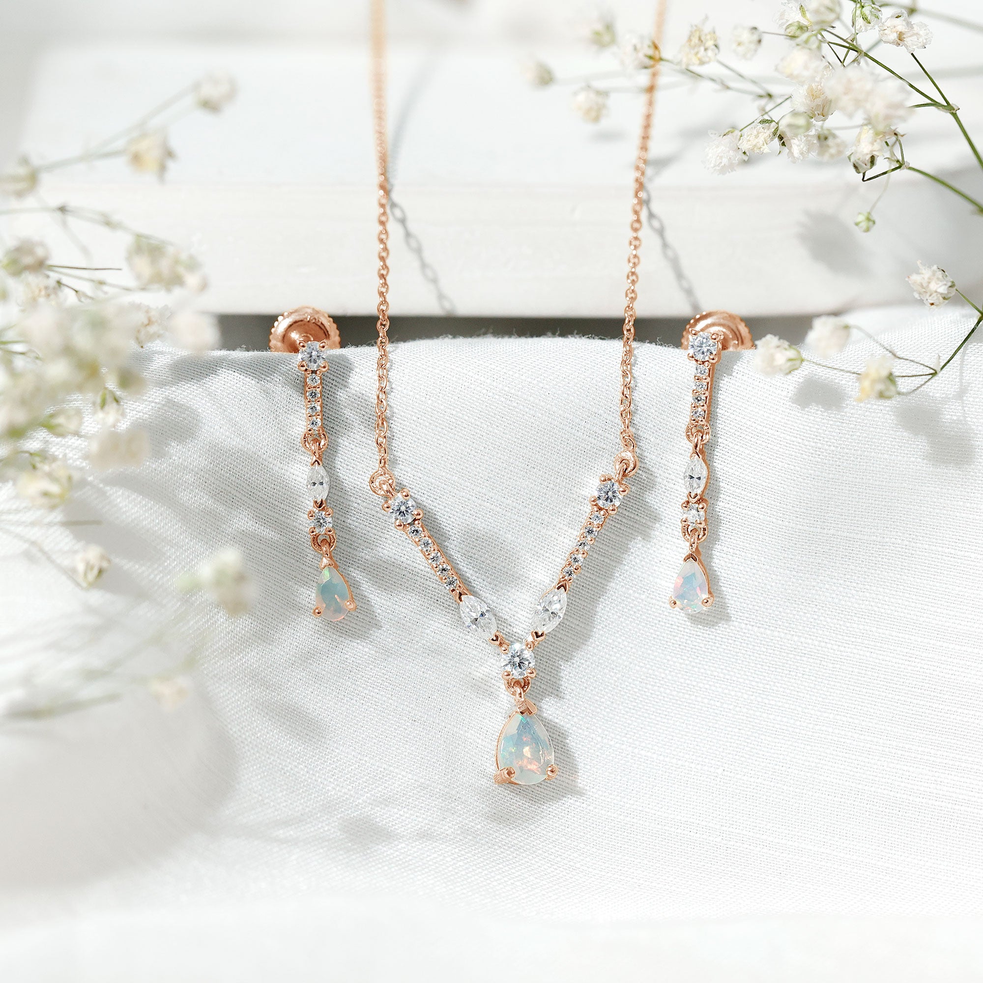 Ethiopian Opal Jewelry Set – Bridal Teardrop Pendant Necklace & Moissanite Earrings