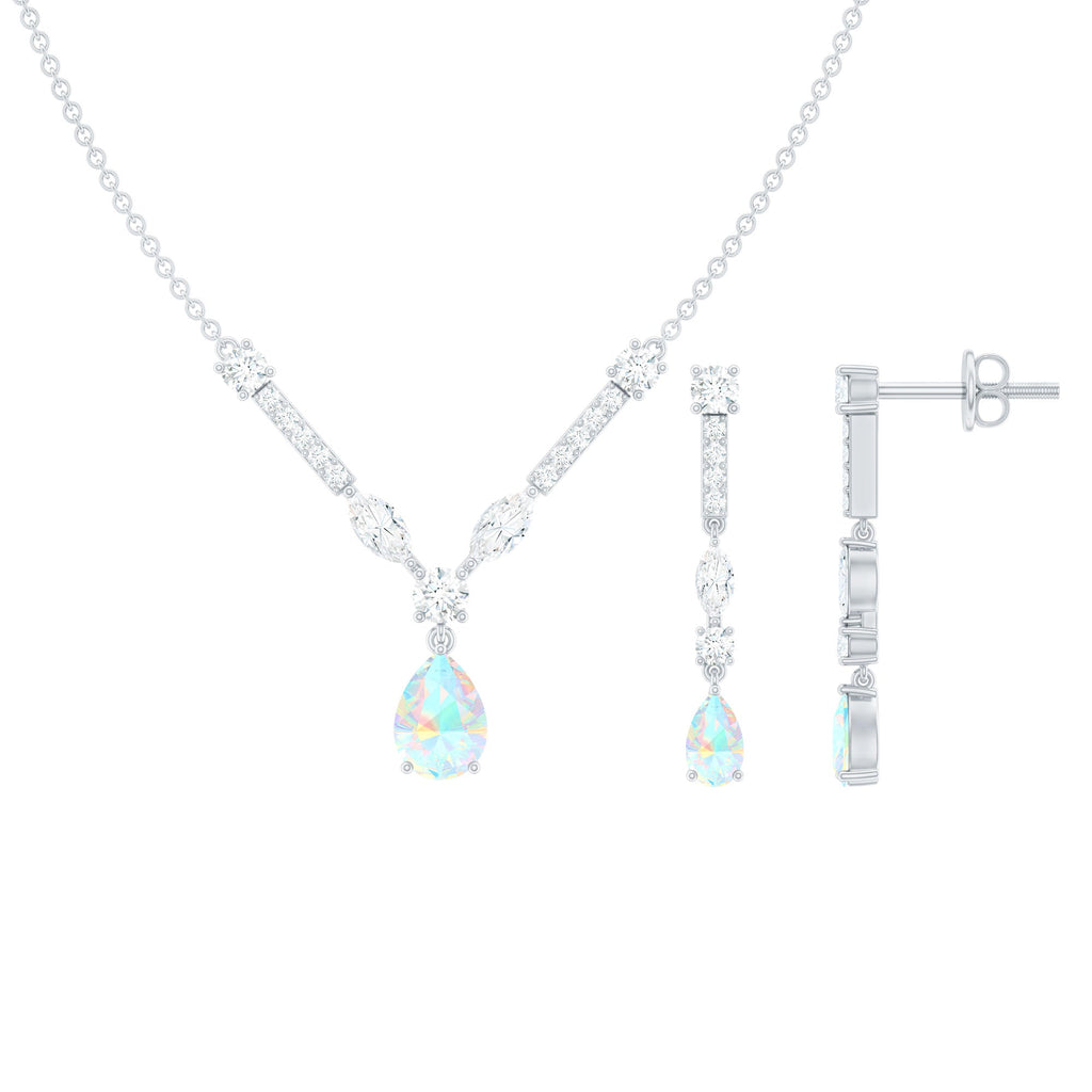 Ethiopian Opal Jewelry Set – Bridal Teardrop Pendant Necklace & Moissanite Earrings