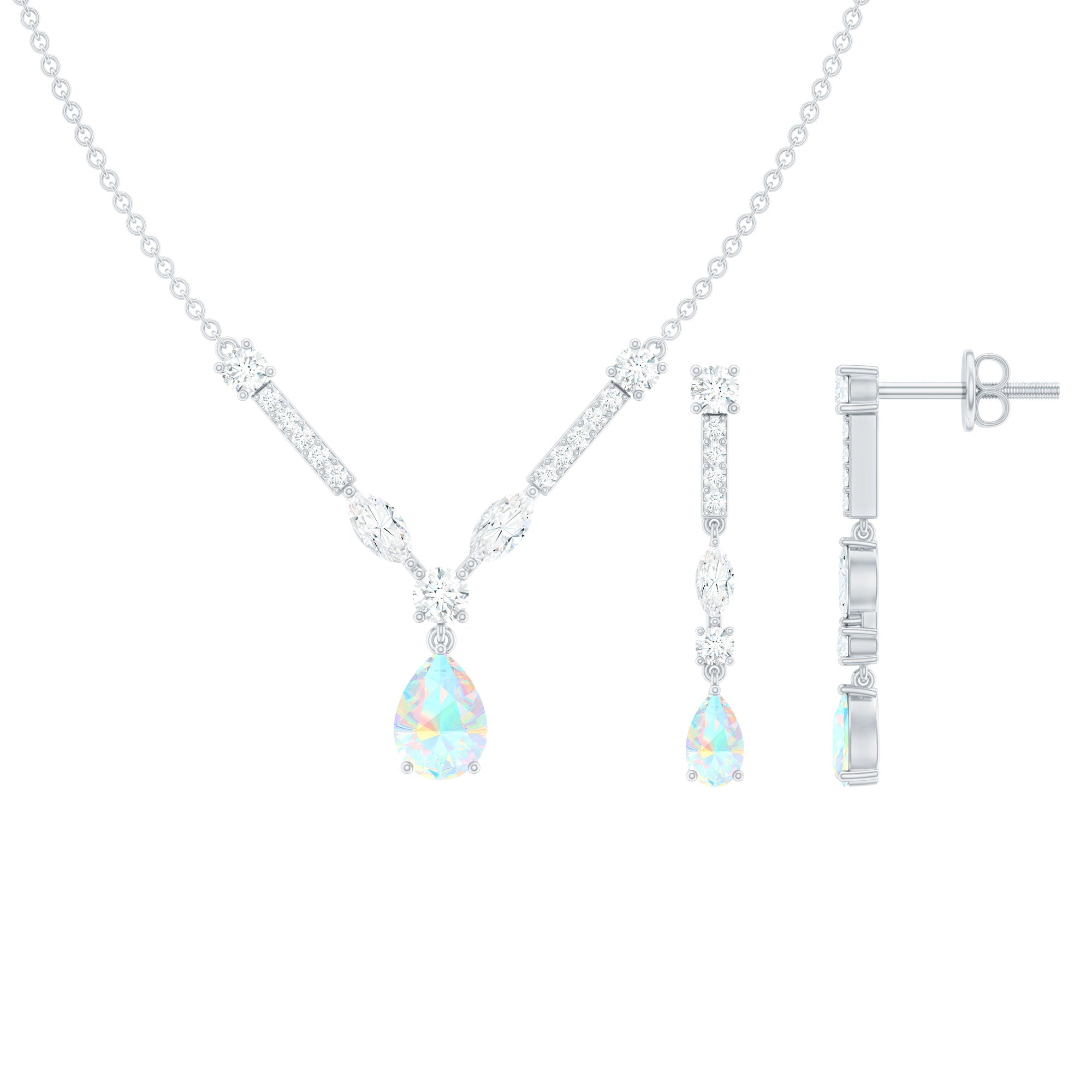 Ethiopian Opal Jewelry Set – Bridal Teardrop Pendant Necklace & Moissanite Earrings
