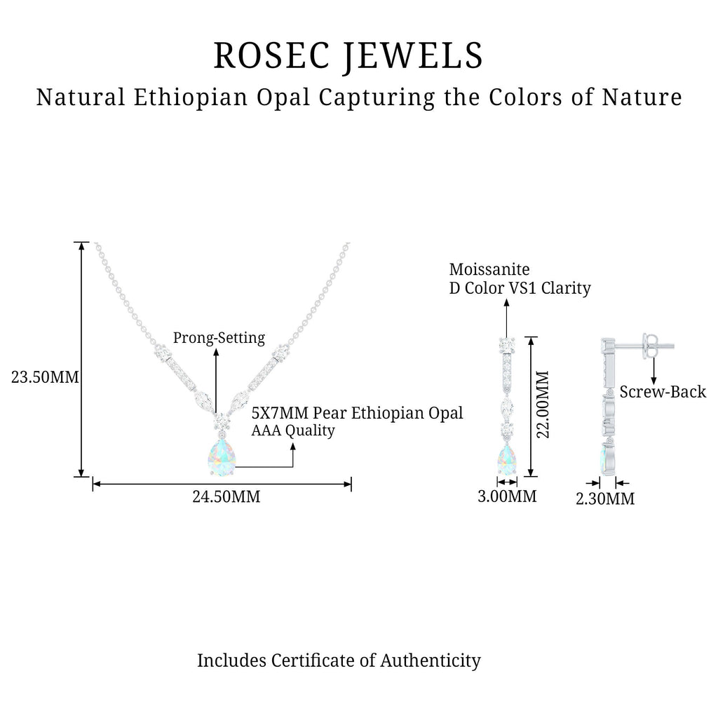 Ethiopian Opal Jewelry Set – Bridal Teardrop Pendant Necklace & Moissanite Earrings