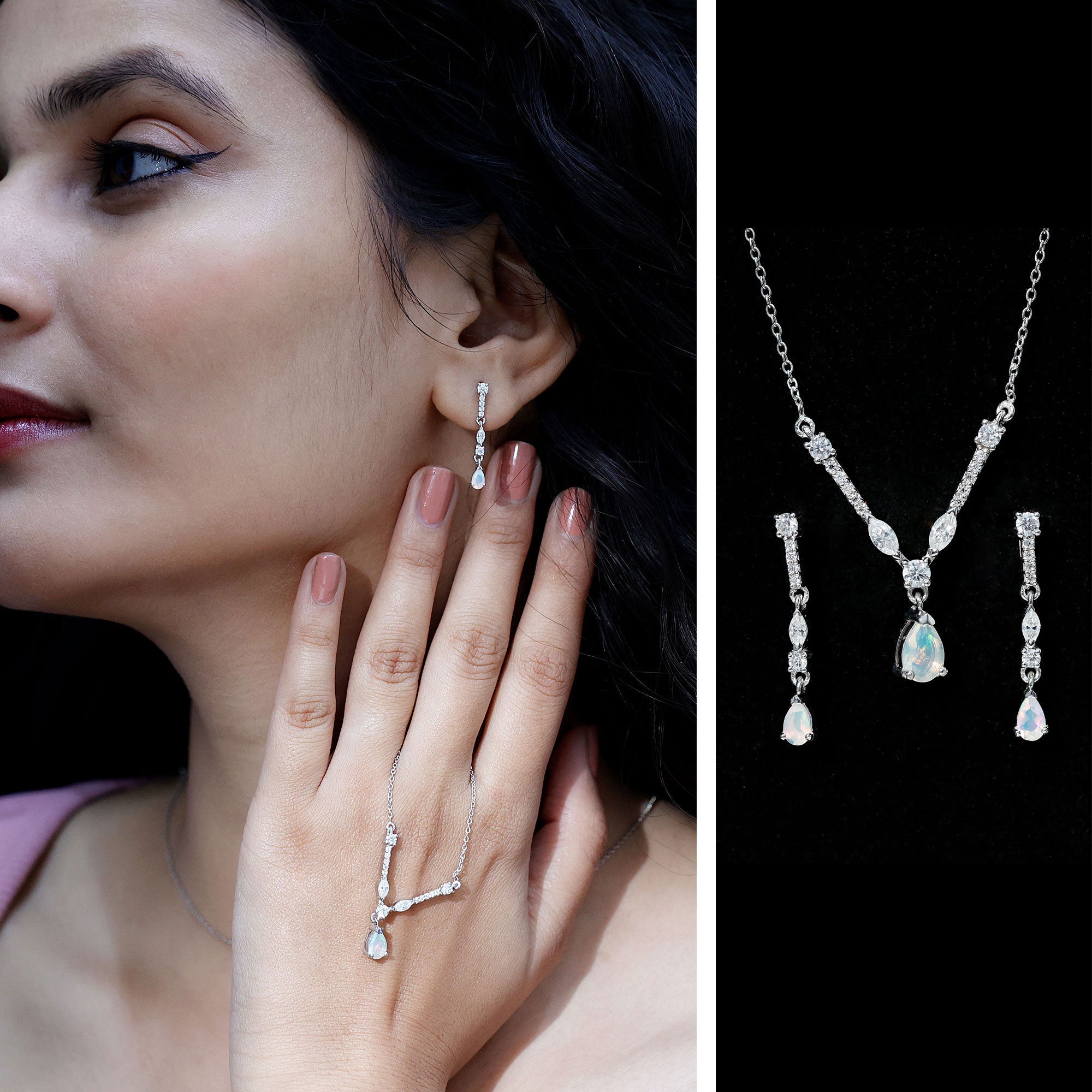 Ethiopian Opal Jewelry Set – Bridal Teardrop Pendant Necklace & Moissanite Earrings