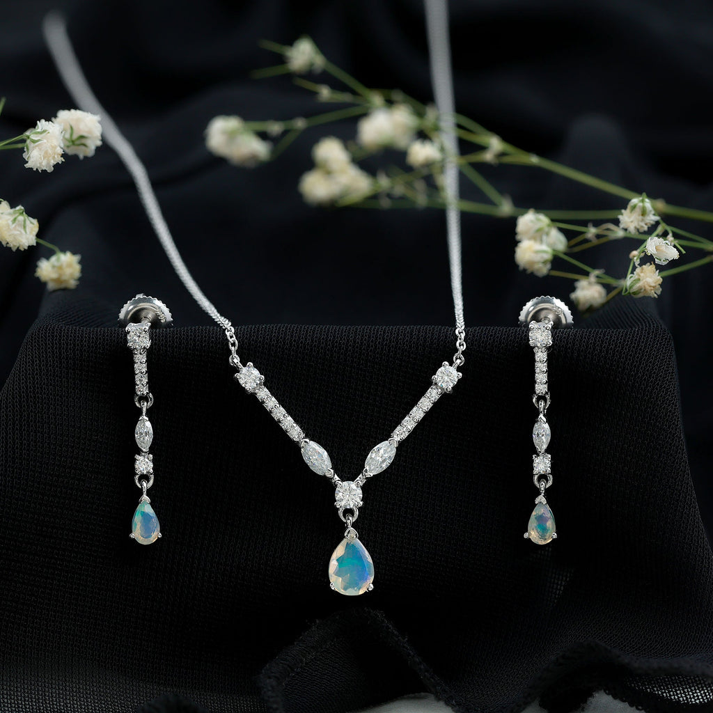 Ethiopian Opal Jewelry Set – Bridal Teardrop Pendant Necklace & Moissanite Earrings