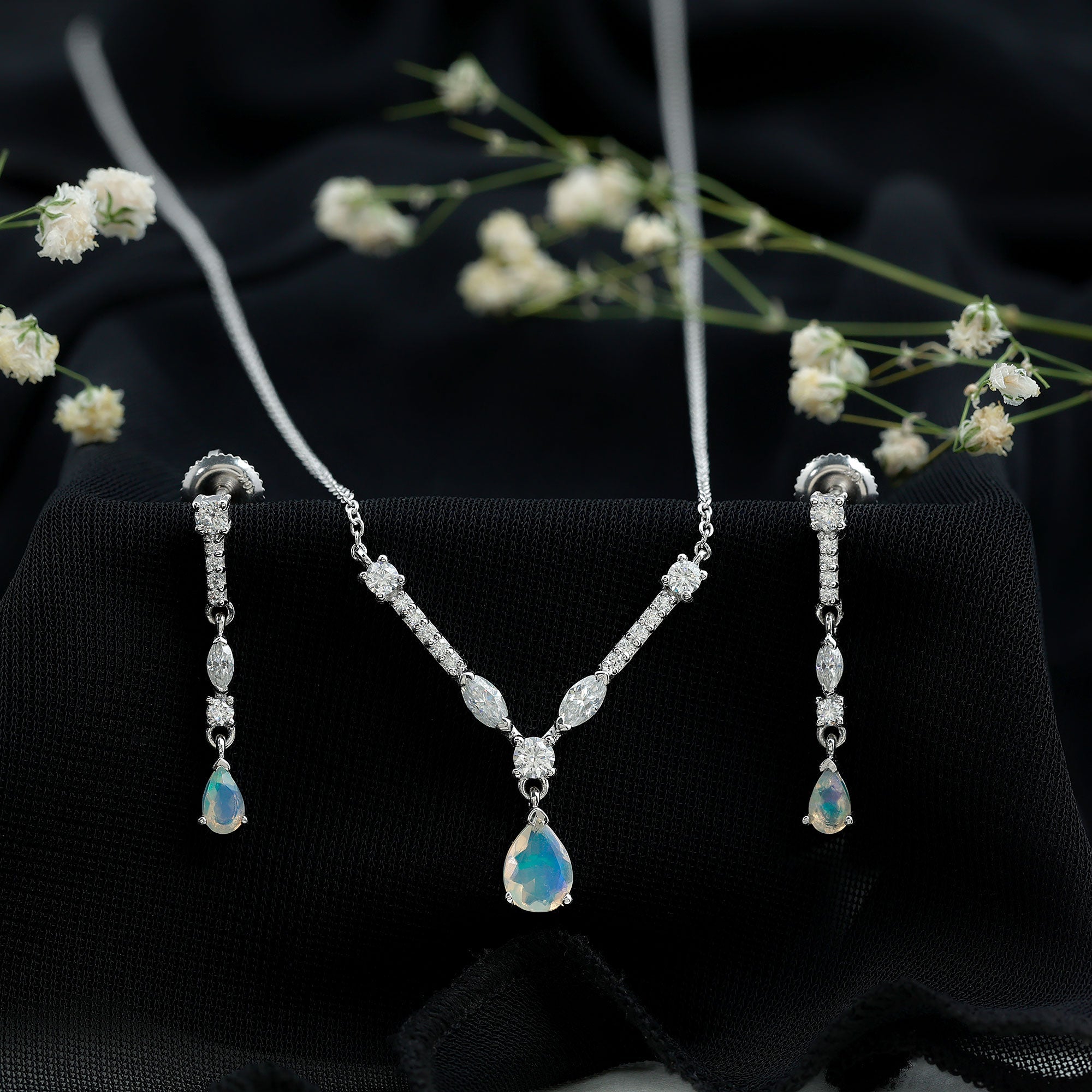 Ethiopian Opal Jewelry Set – Bridal Teardrop Pendant Necklace & Moissanite Earrings