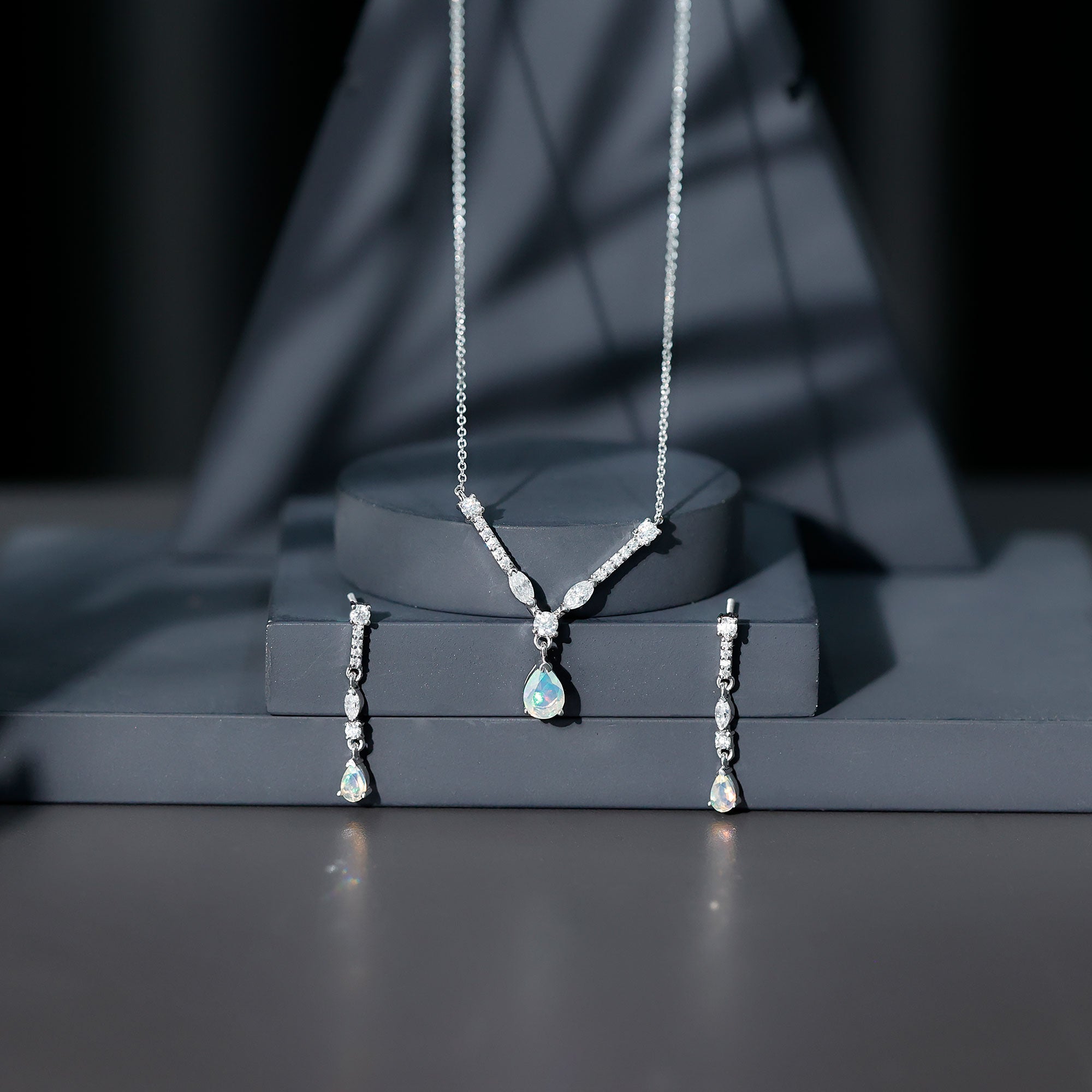 Ethiopian Opal Jewelry Set – Bridal Teardrop Pendant Necklace & Moissanite Earrings