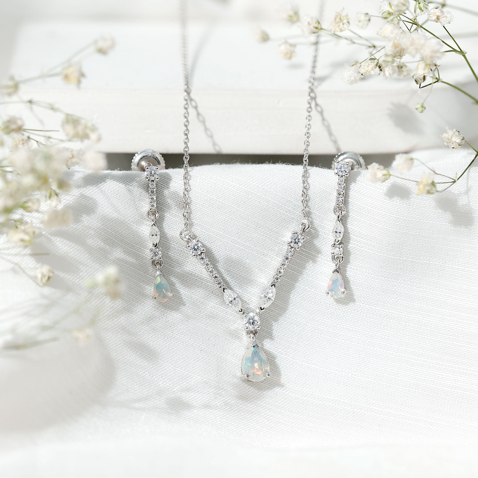 Ethiopian Opal Jewelry Set – Bridal Teardrop Pendant Necklace & Moissanite Earrings