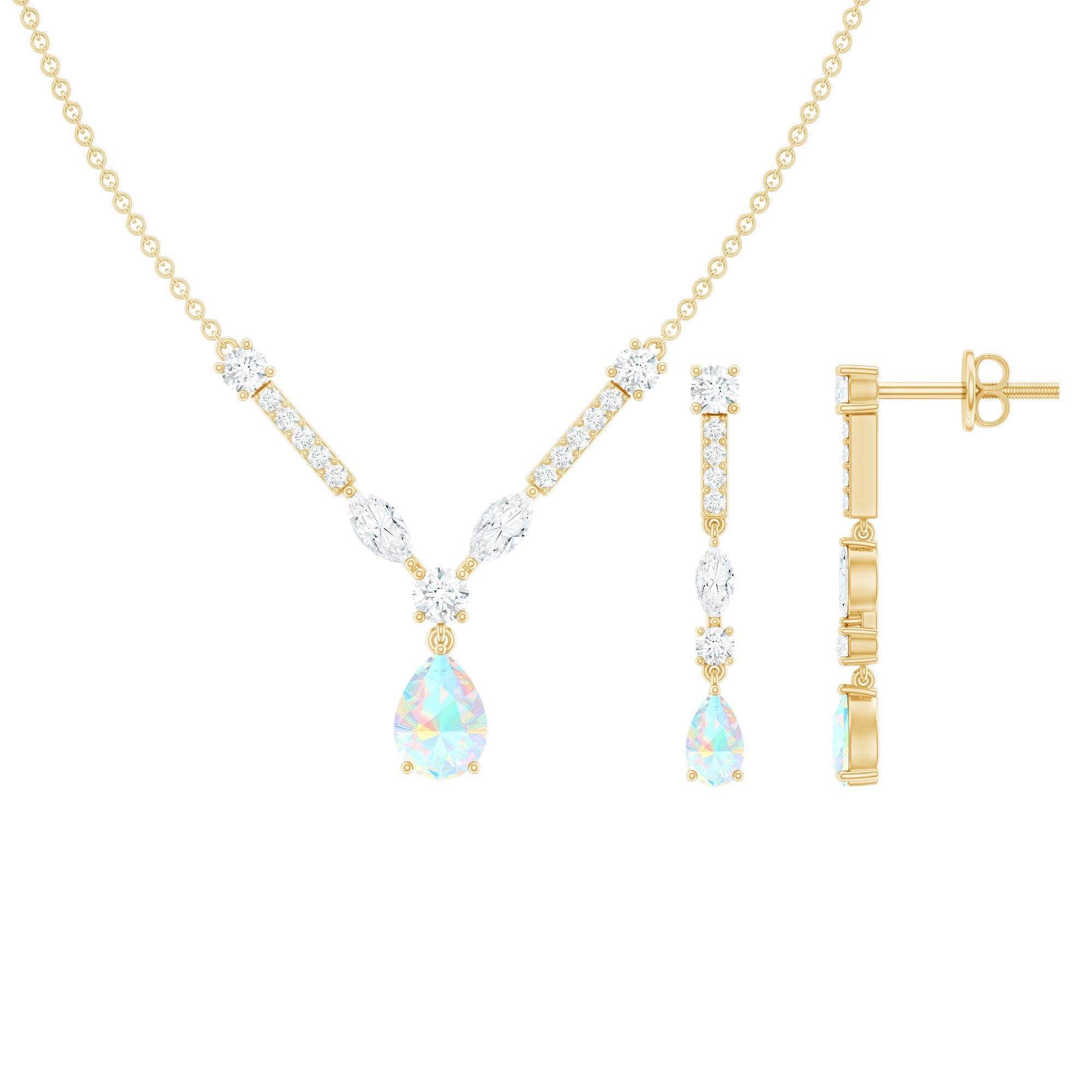 Ethiopian Opal Jewelry Set – Bridal Teardrop Pendant Necklace & Moissanite Earrings