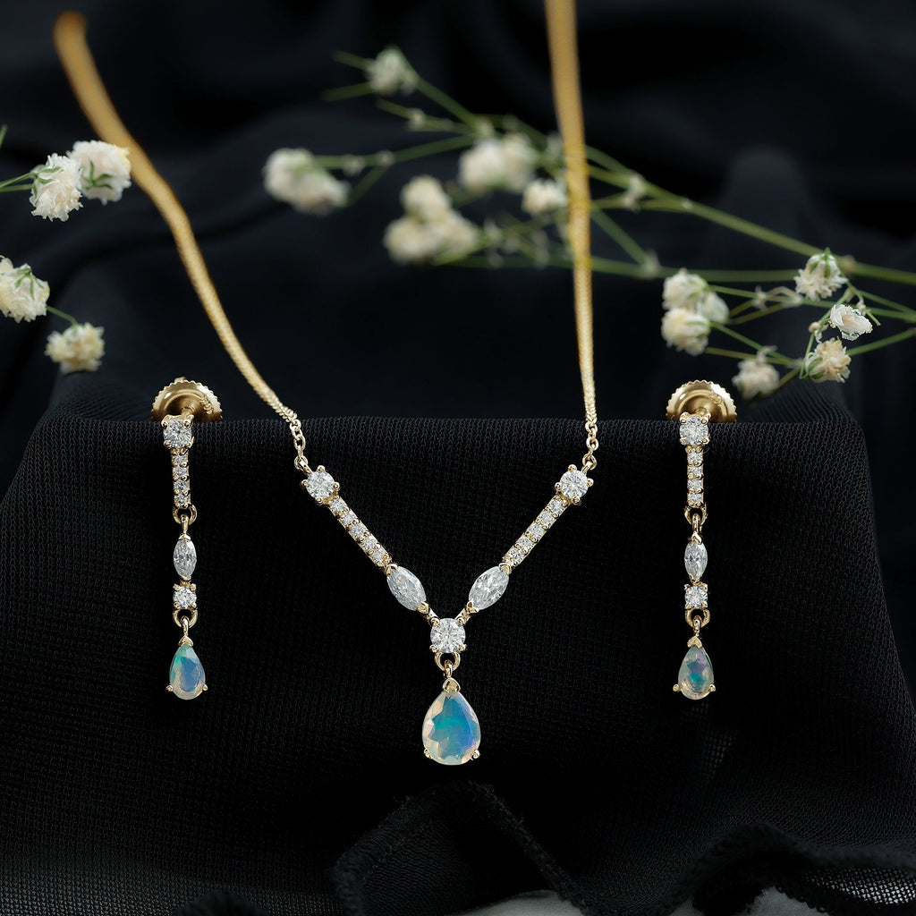 Ethiopian Opal Jewelry Set – Bridal Teardrop Pendant Necklace & Moissanite Earrings