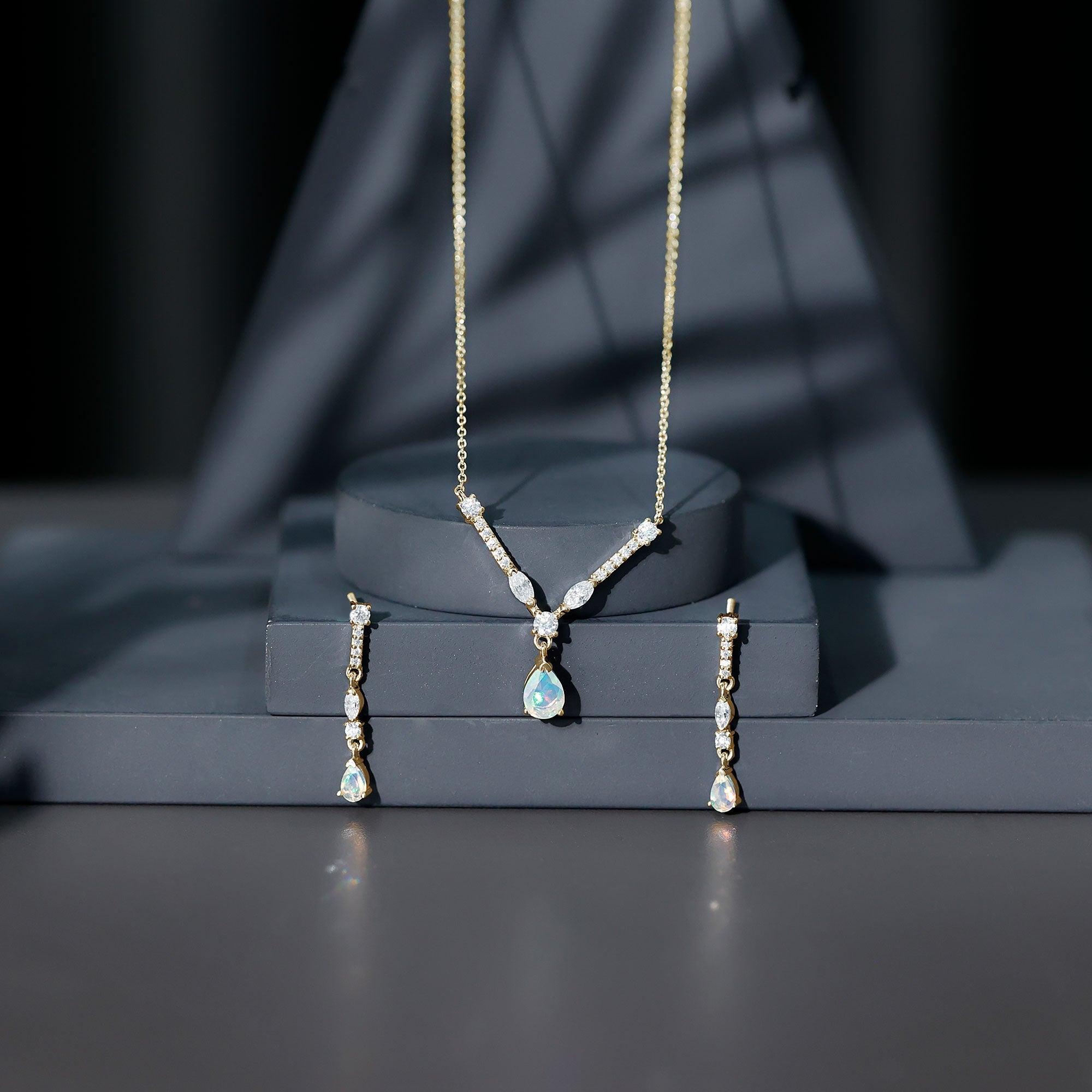 Ethiopian Opal Jewelry Set – Bridal Teardrop Pendant Necklace & Moissanite Earrings