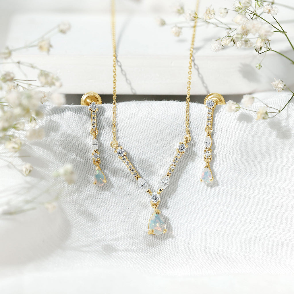 Ethiopian Opal Jewelry Set – Bridal Teardrop Pendant Necklace & Moissanite Earrings