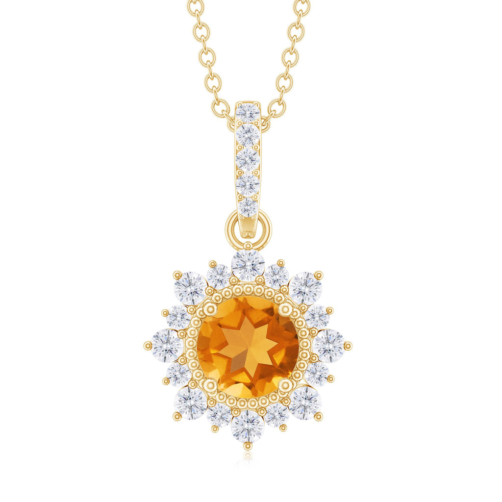 Natural 1.2 Carat Citrine Pendant Necklace with Diamond Halo