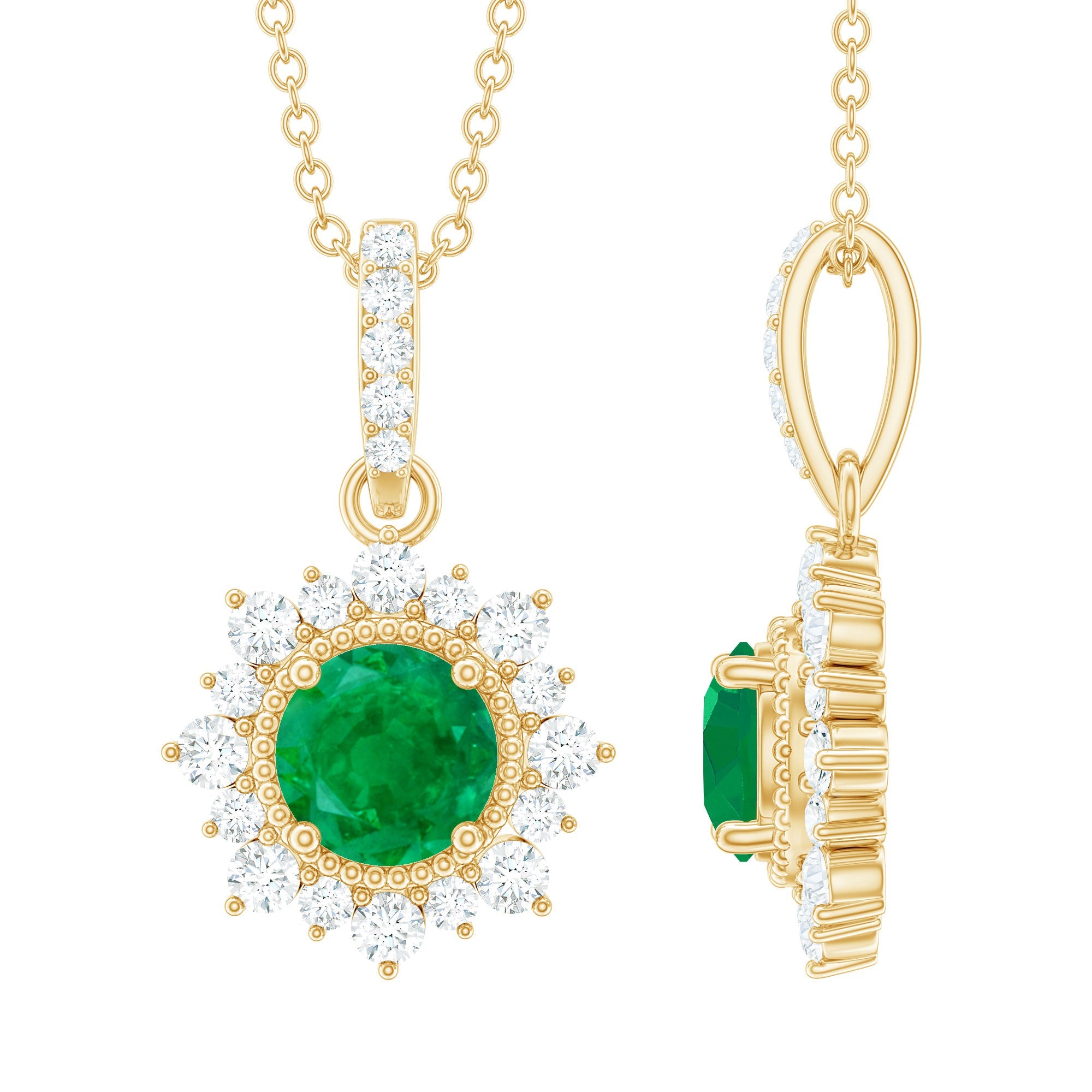 Emerald Flower Necklace – Diamond Halo Necklace with AAA Quality Emerald Pendant