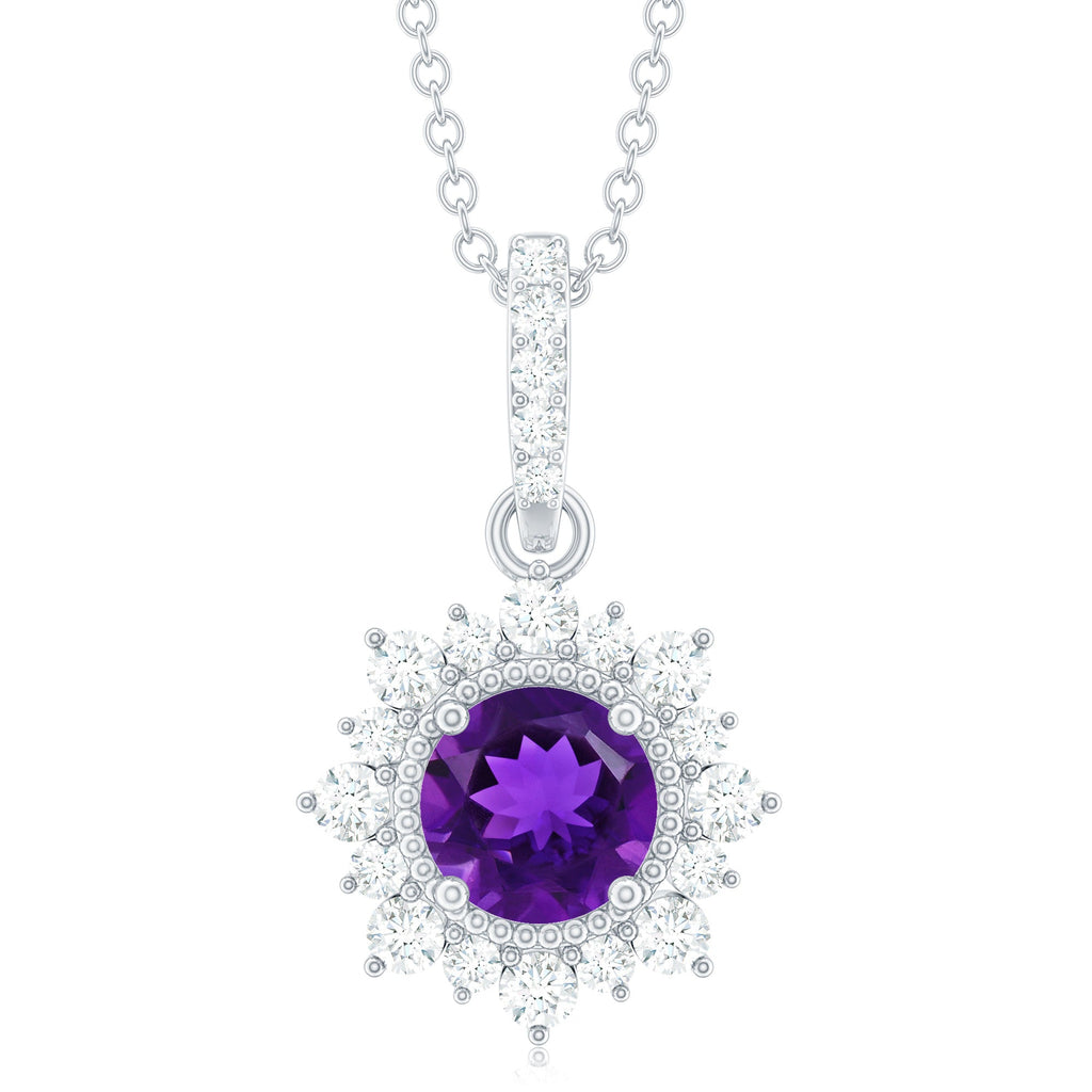 Certified Natural Amethyst Pendant Necklace with Diamond Halo