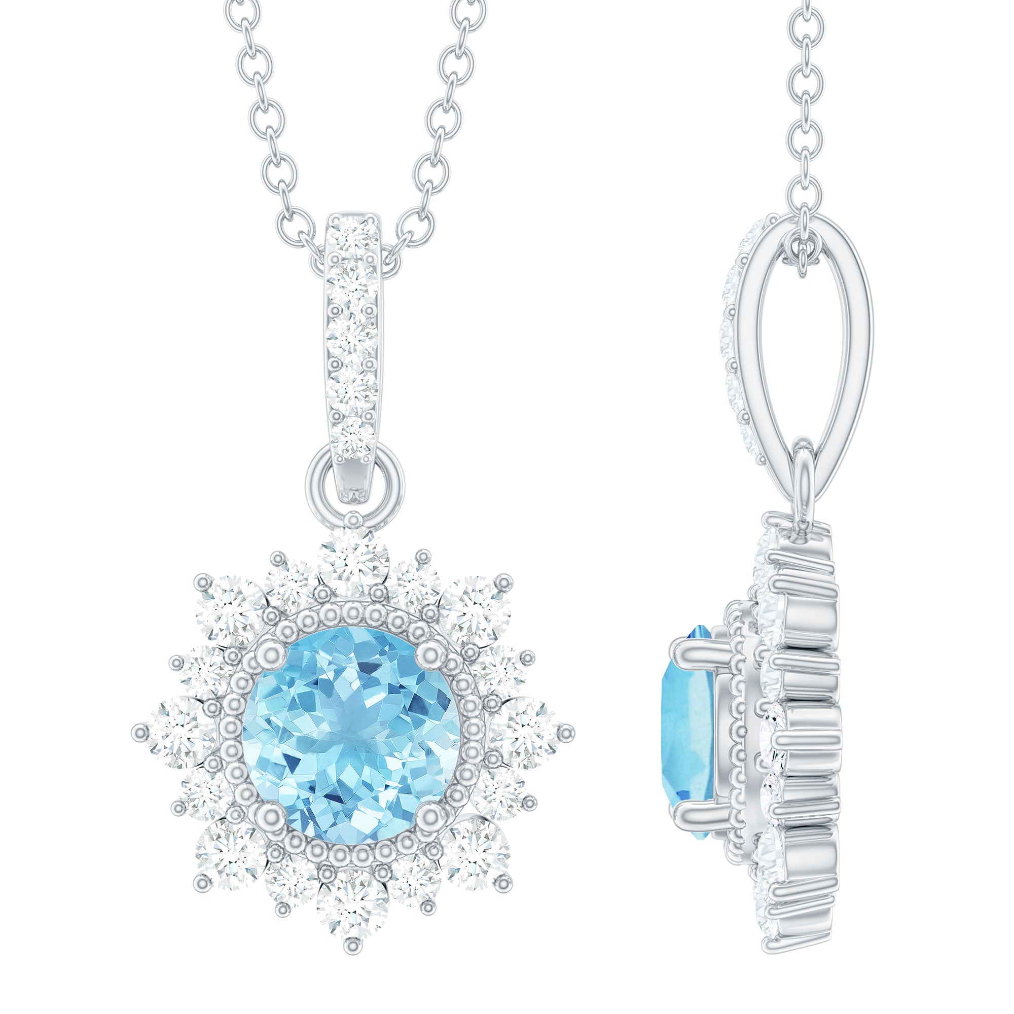 Aquamarine Pendant Necklace – Diamond Halo Necklace With AAA Quality Gemstone & Lobster Clasp