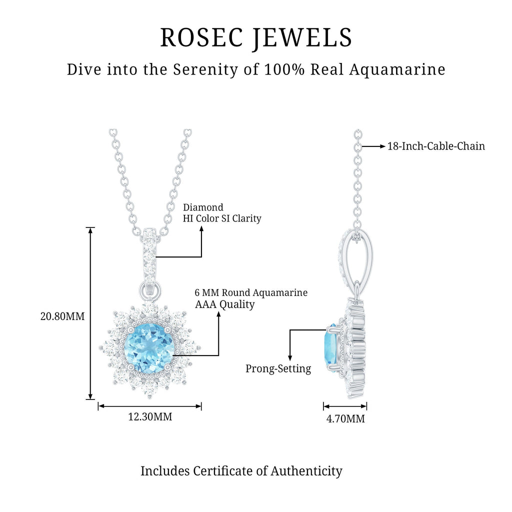 Aquamarine Pendant Necklace – Diamond Halo Necklace With AAA Quality Gemstone & Lobster Clasp