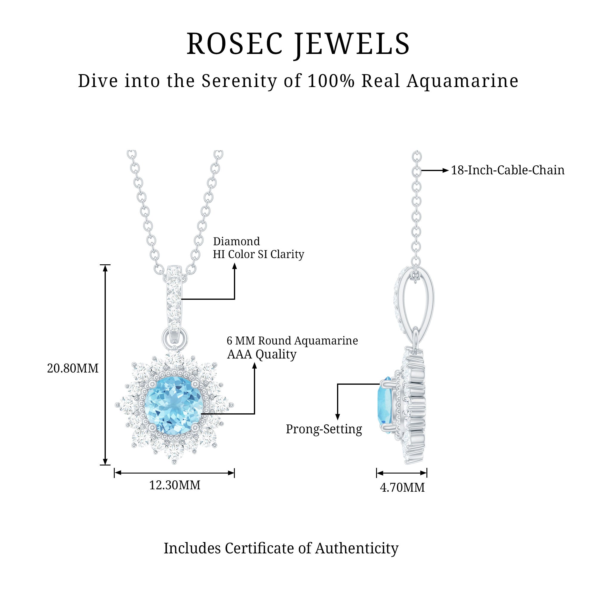 Aquamarine Pendant Necklace – Diamond Halo Necklace With AAA Quality Gemstone & Lobster Clasp