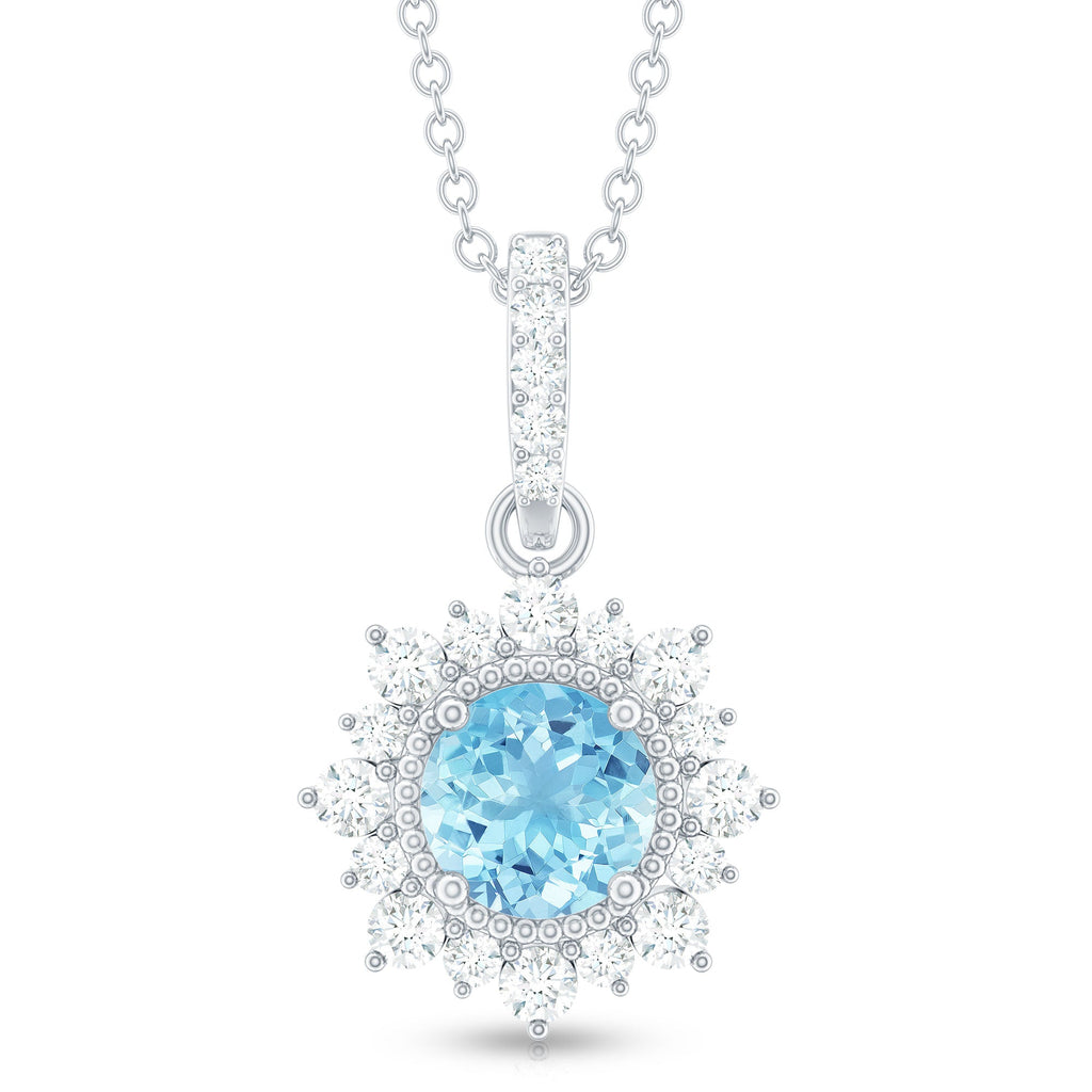 Aquamarine Pendant Necklace – Diamond Halo Necklace With AAA Quality Gemstone & Lobster Clasp