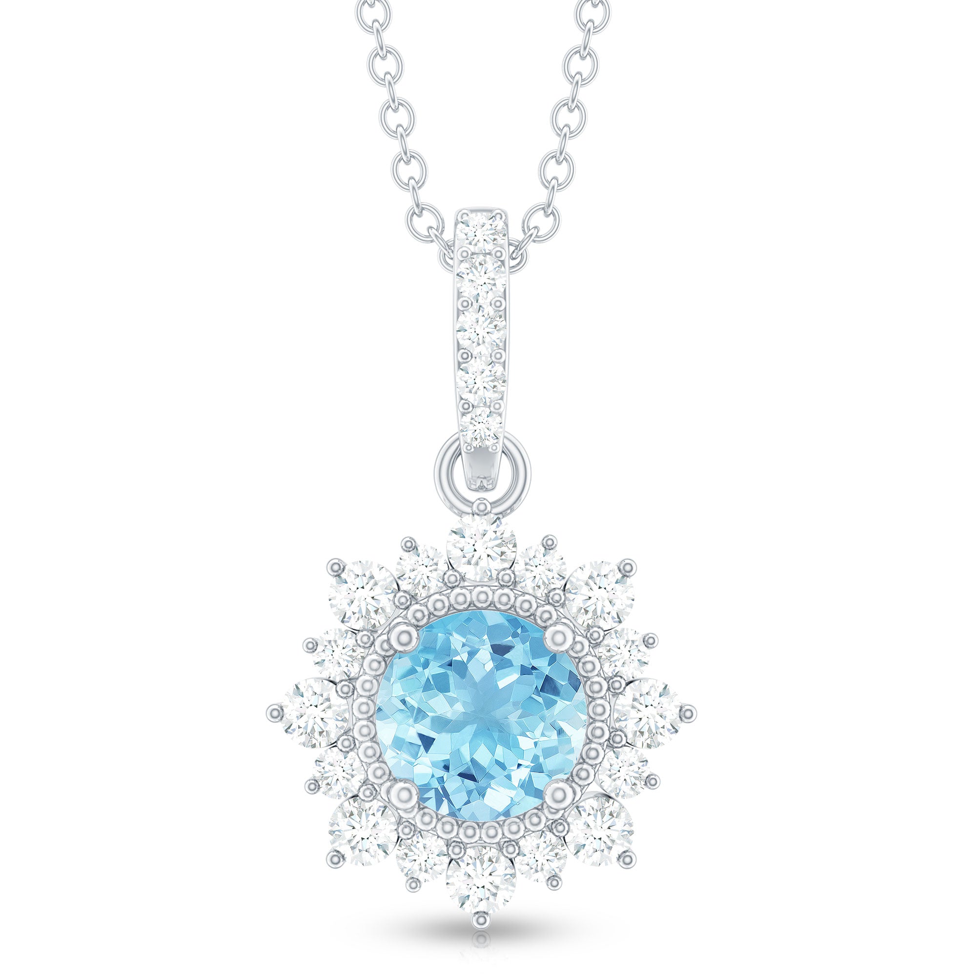 Aquamarine Pendant Necklace – Diamond Halo Necklace With AAA Quality Gemstone & Lobster Clasp