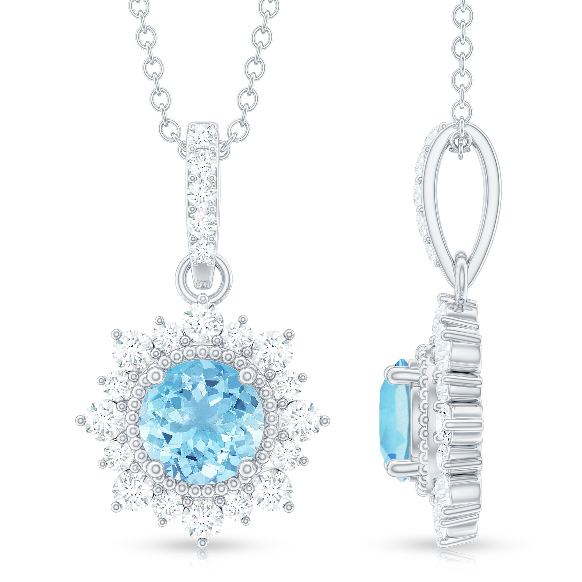 Aquamarine Pendant Necklace – Diamond Halo Necklace With AAA Quality Gemstone & Lobster Clasp