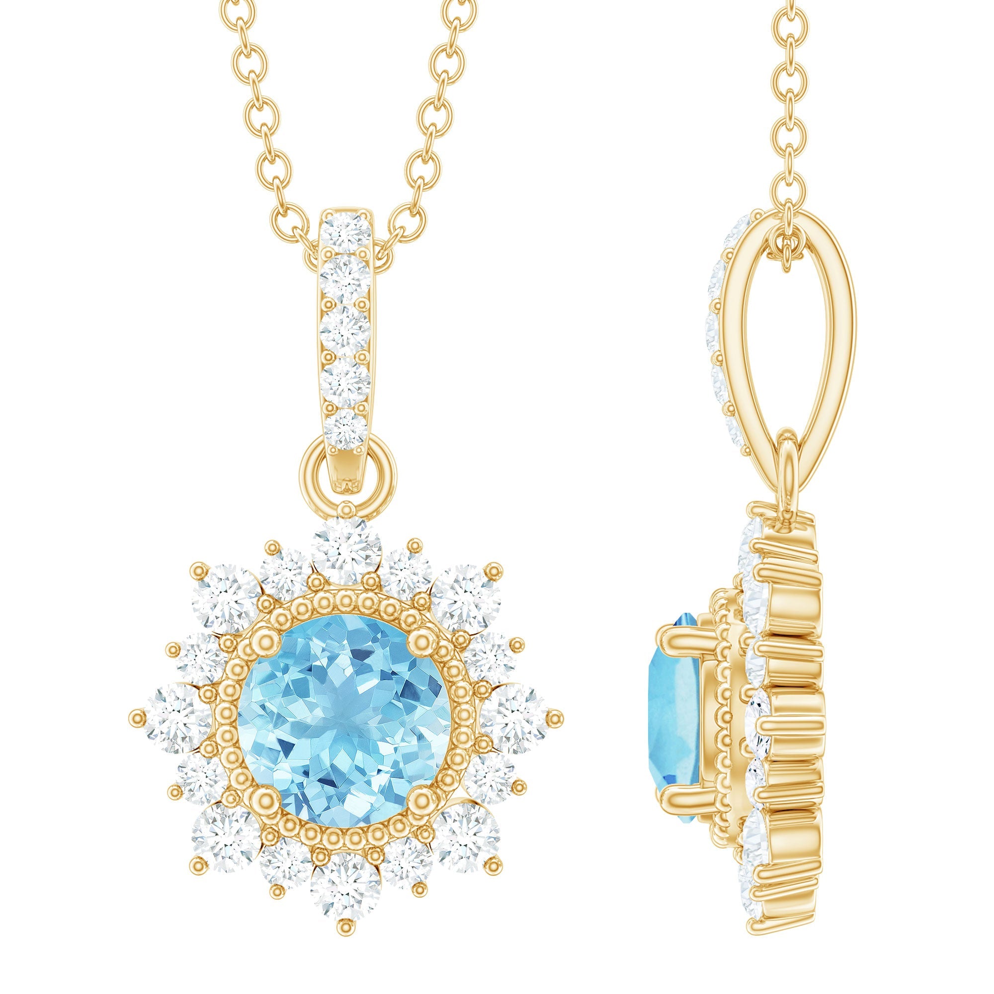 Aquamarine Pendant Necklace – Diamond Halo Necklace With AAA Quality Gemstone & Lobster Clasp
