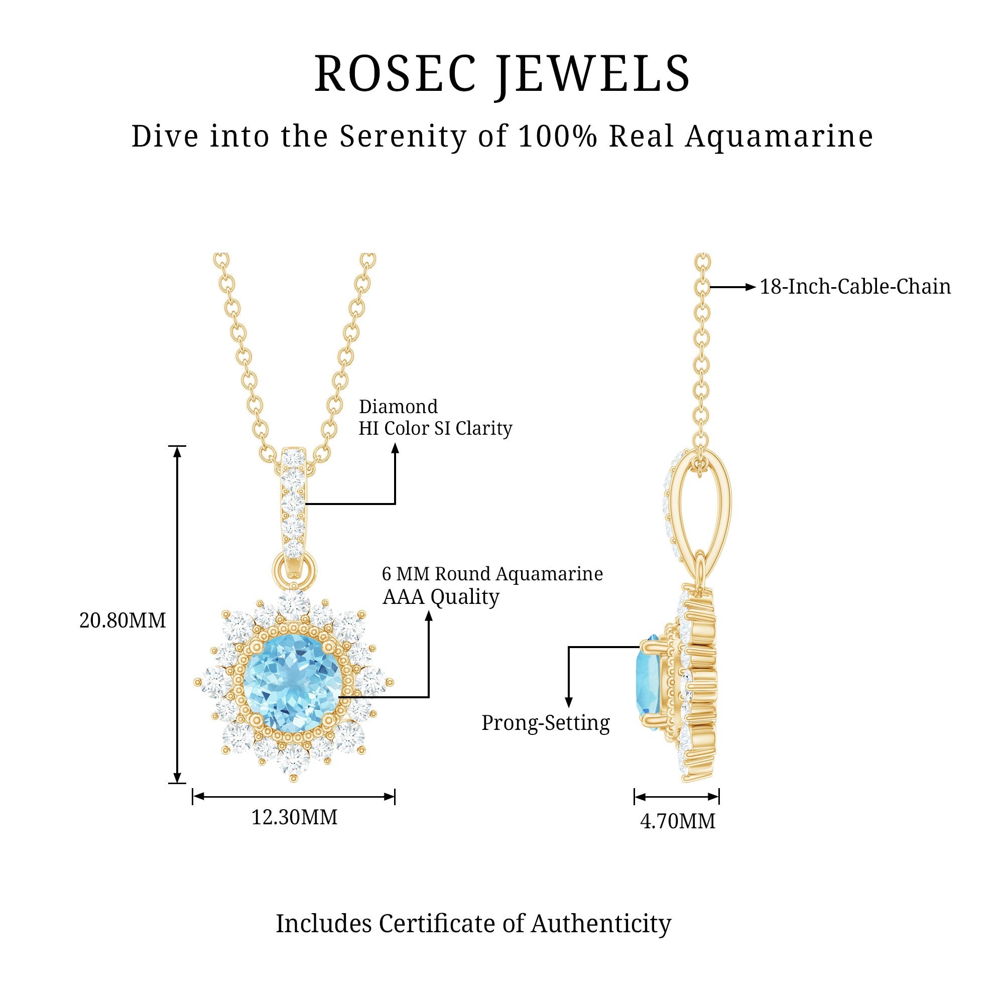 Aquamarine Pendant Necklace – Diamond Halo Necklace With AAA Quality Gemstone & Lobster Clasp
