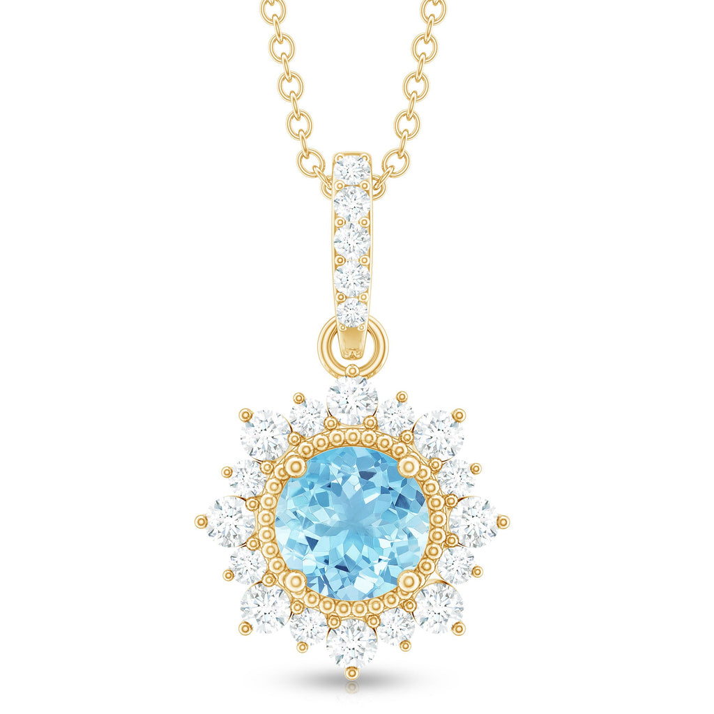 Aquamarine Pendant Necklace – Diamond Halo Necklace With AAA Quality Gemstone & Lobster Clasp