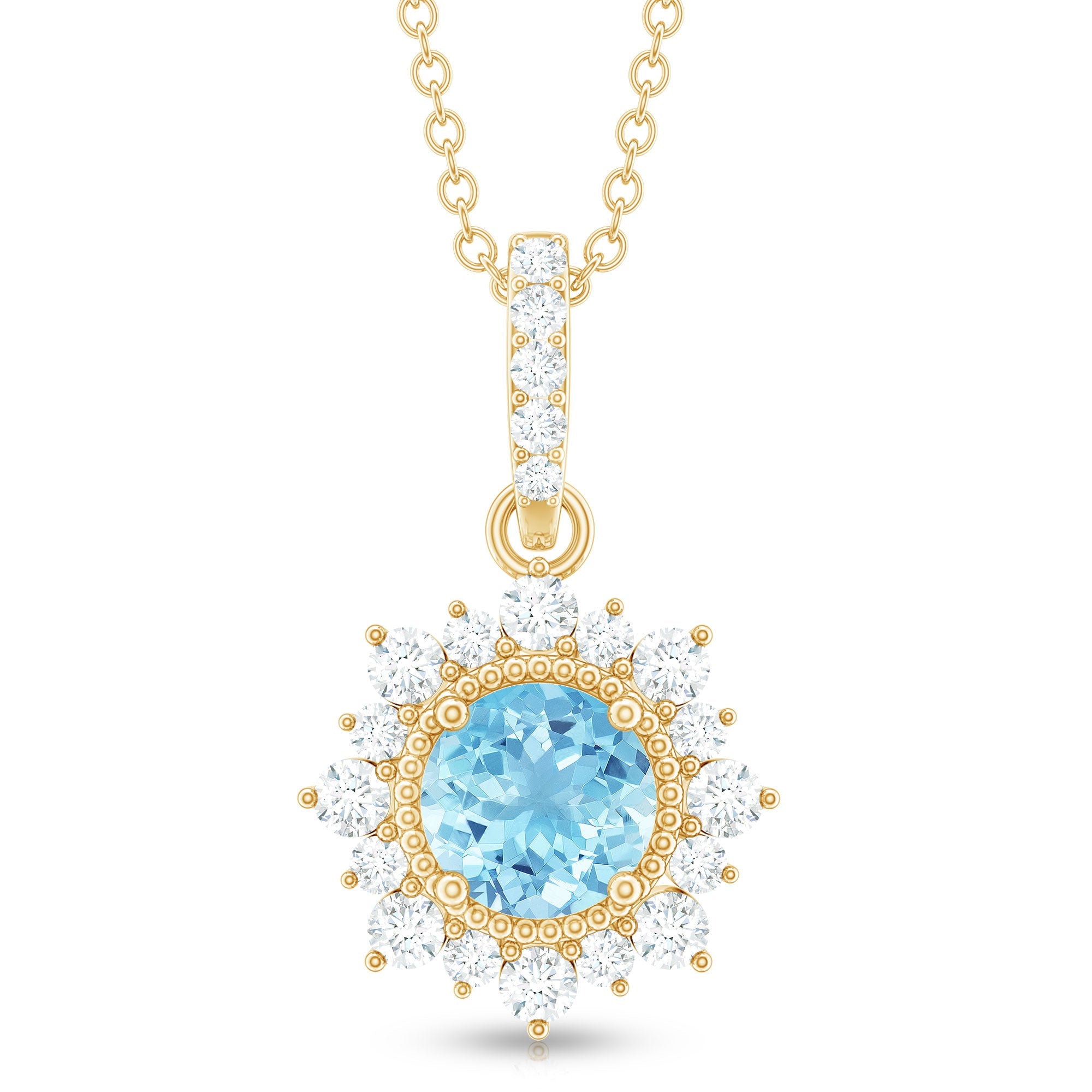 Aquamarine Pendant Necklace – Diamond Halo Necklace With AAA Quality Gemstone & Lobster Clasp