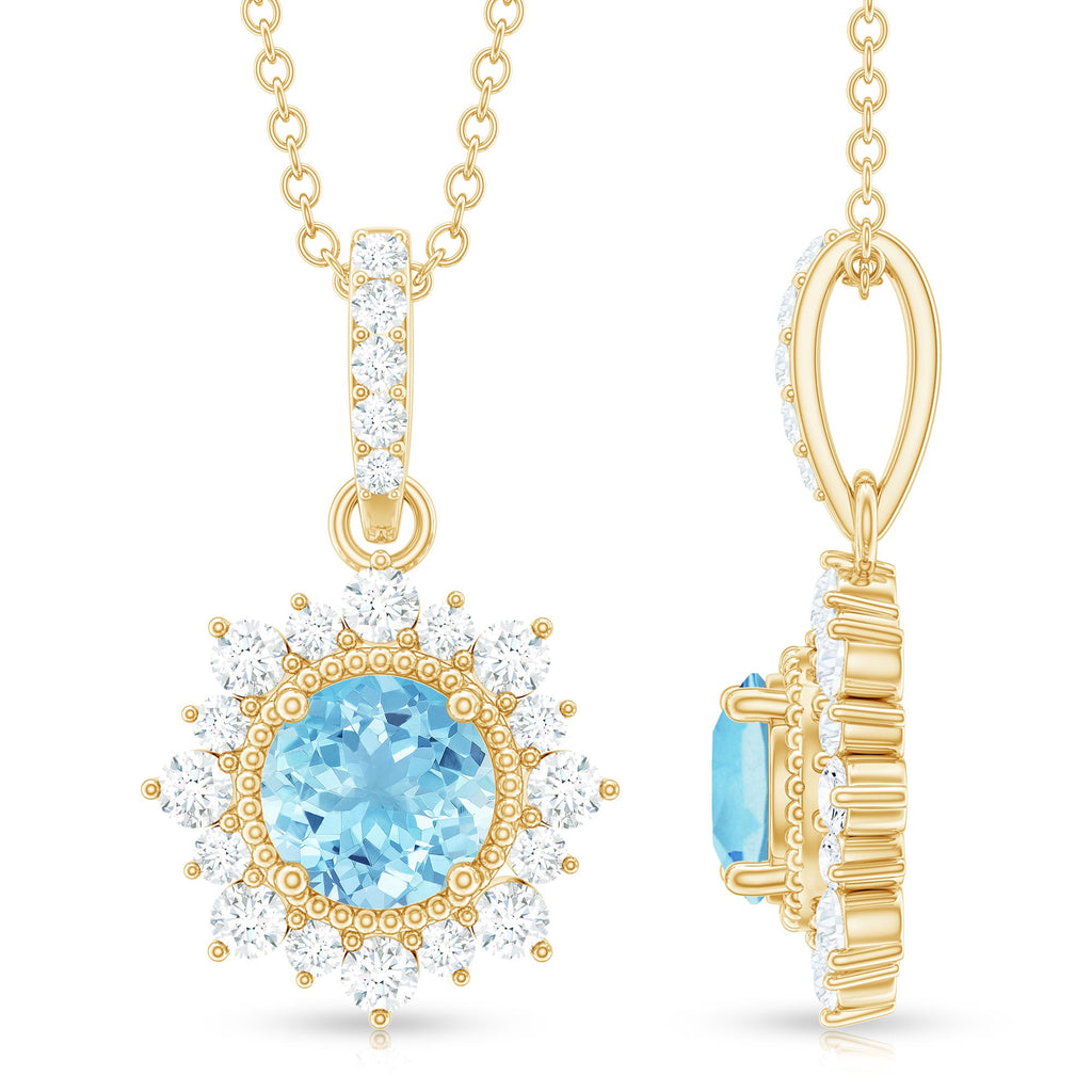 Aquamarine Pendant Necklace – Diamond Halo Necklace With AAA Quality Gemstone & Lobster Clasp