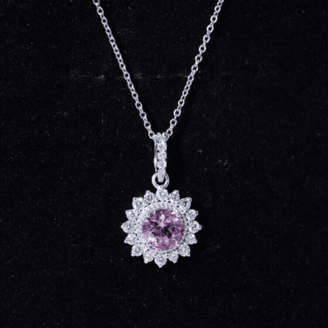 Pink Tourmaline Pendant – Round Pink Tourmaline With Diamond Halo Necklace, AAA Quality
