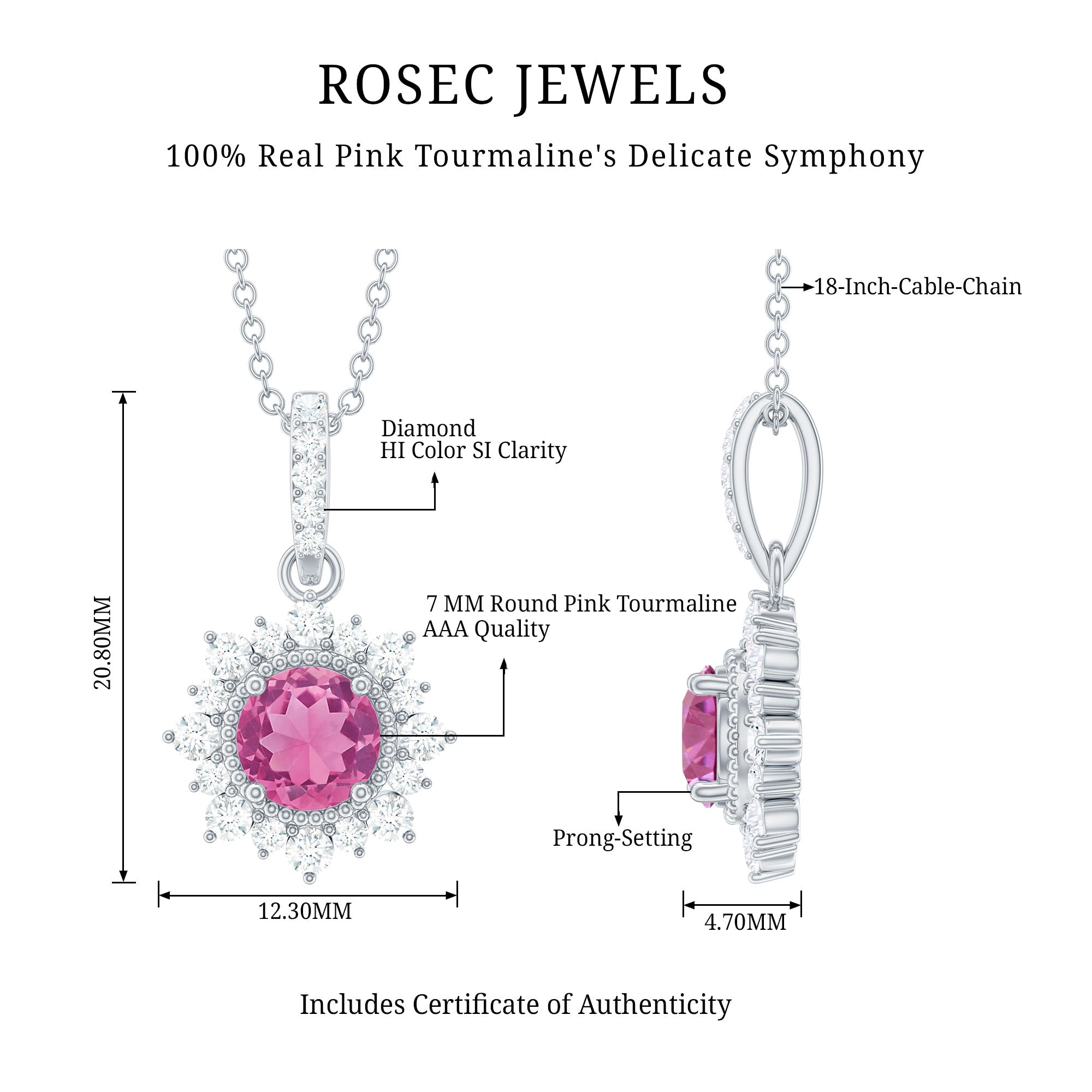 Pink Tourmaline Pendant – Round Pink Tourmaline With Diamond Halo Necklace, AAA Quality