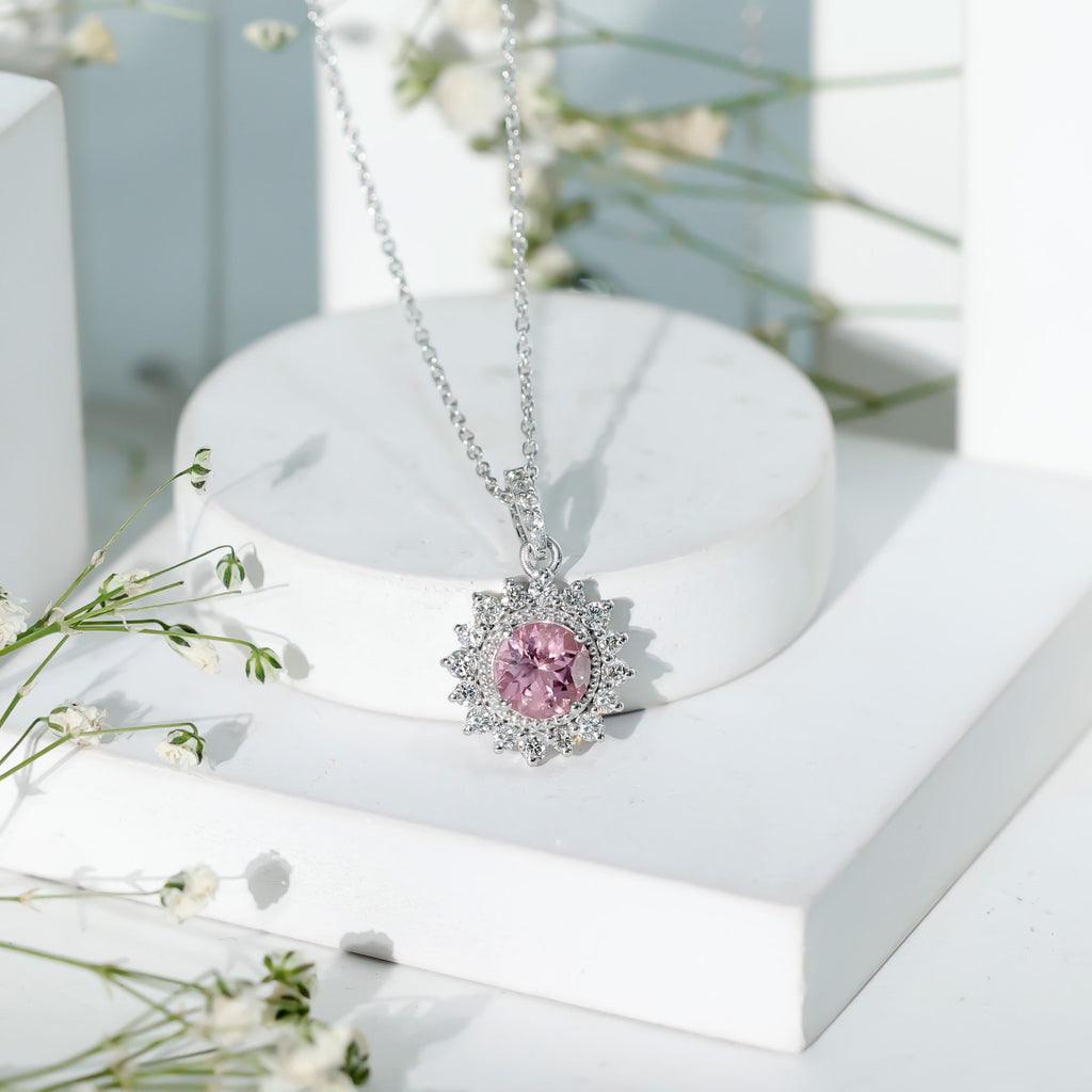 Pink Tourmaline Pendant – Round Pink Tourmaline With Diamond Halo Necklace, AAA Quality