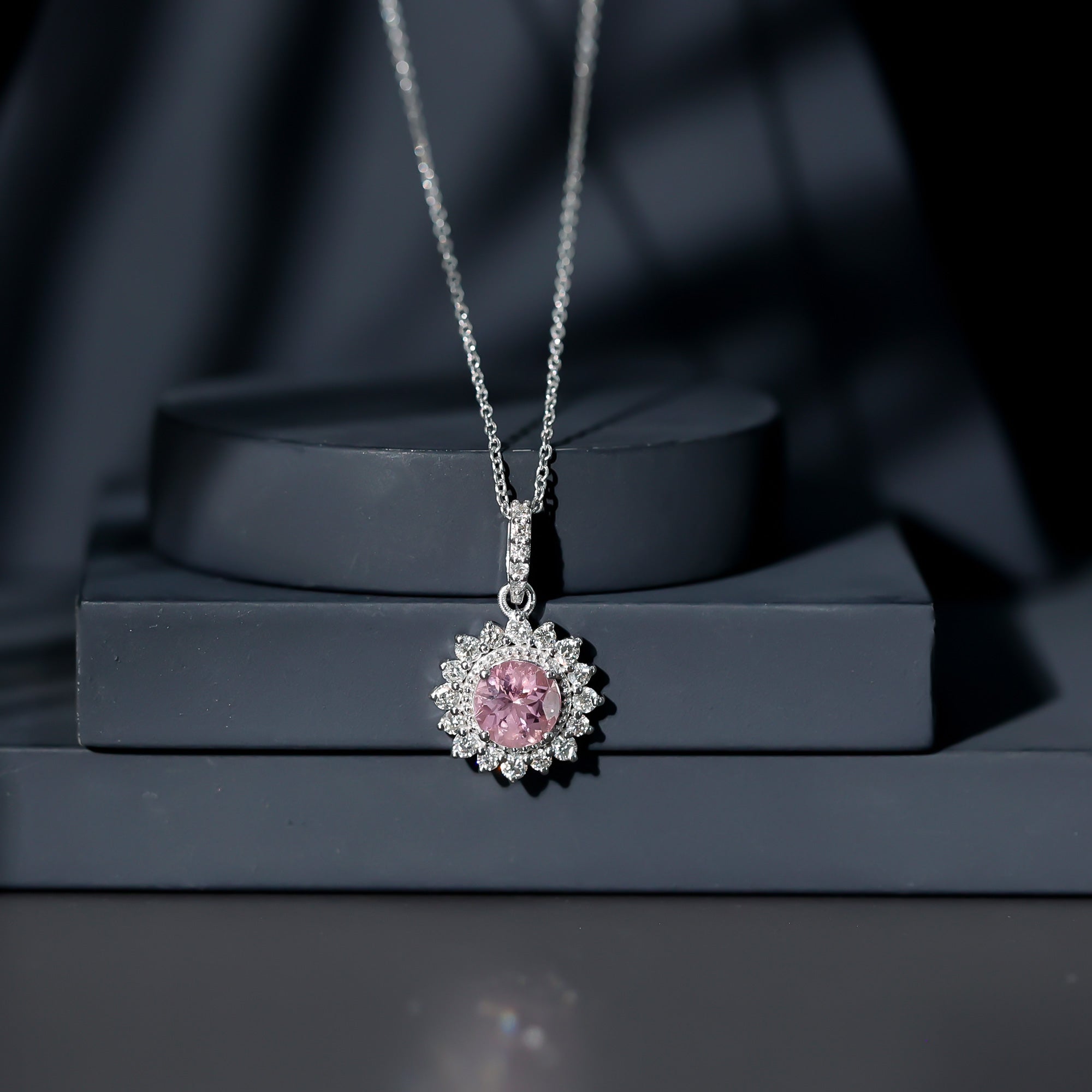 Pink Tourmaline Pendant – Round Pink Tourmaline With Diamond Halo Necklace, AAA Quality