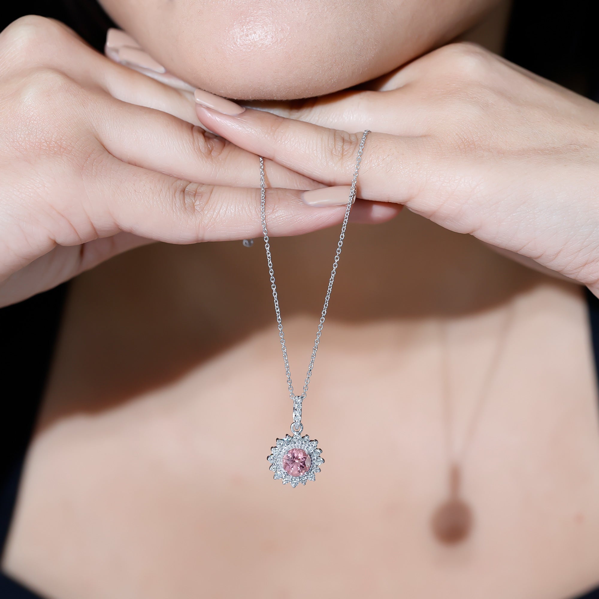 Pink Tourmaline Pendant – Round Pink Tourmaline With Diamond Halo Necklace, AAA Quality