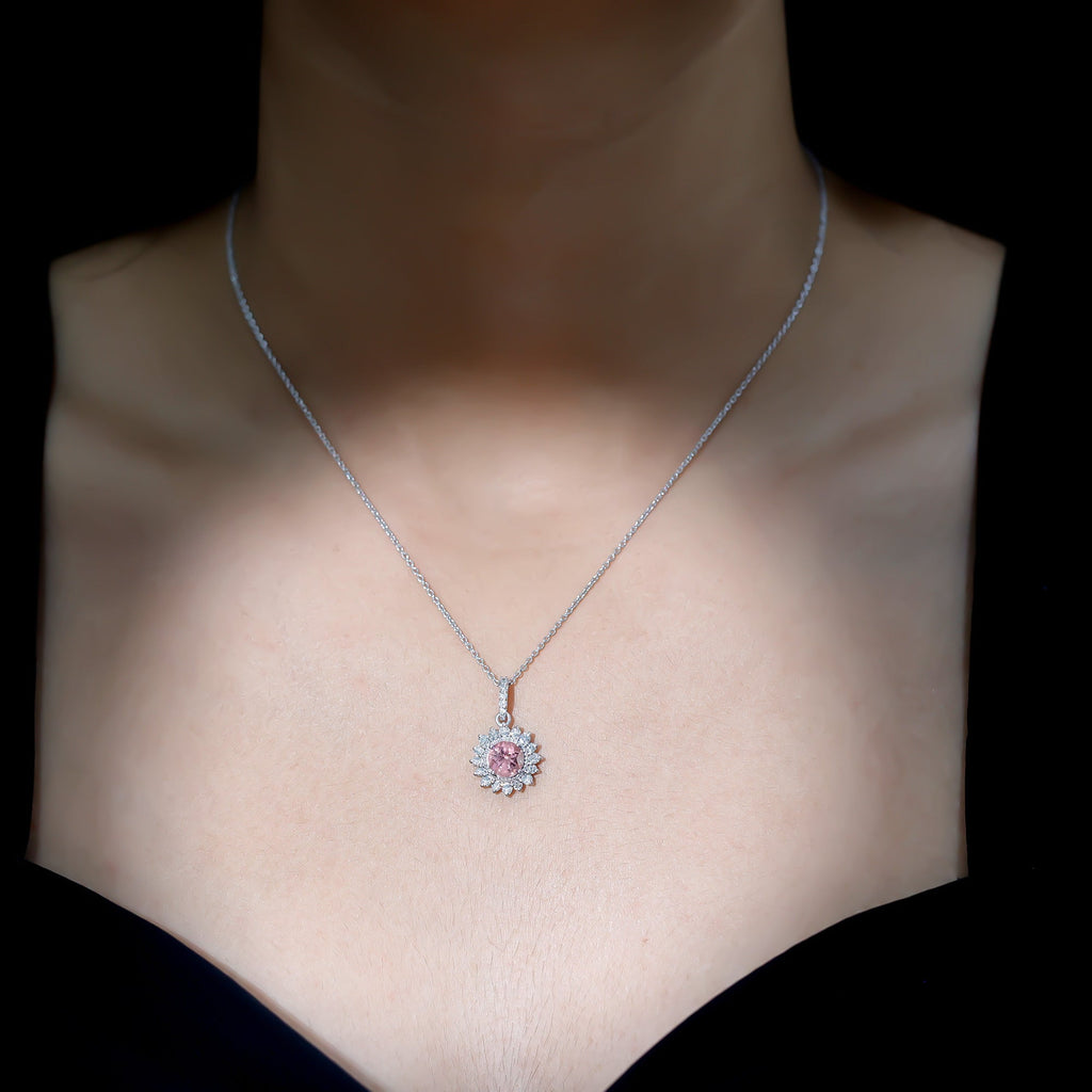 Pink Tourmaline Pendant – Round Pink Tourmaline With Diamond Halo Necklace, AAA Quality