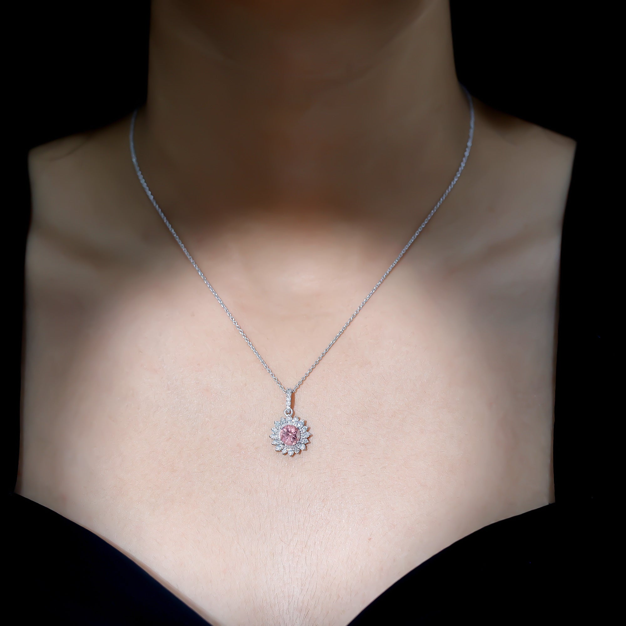 Pink Tourmaline Pendant – Round Pink Tourmaline With Diamond Halo Necklace, AAA Quality