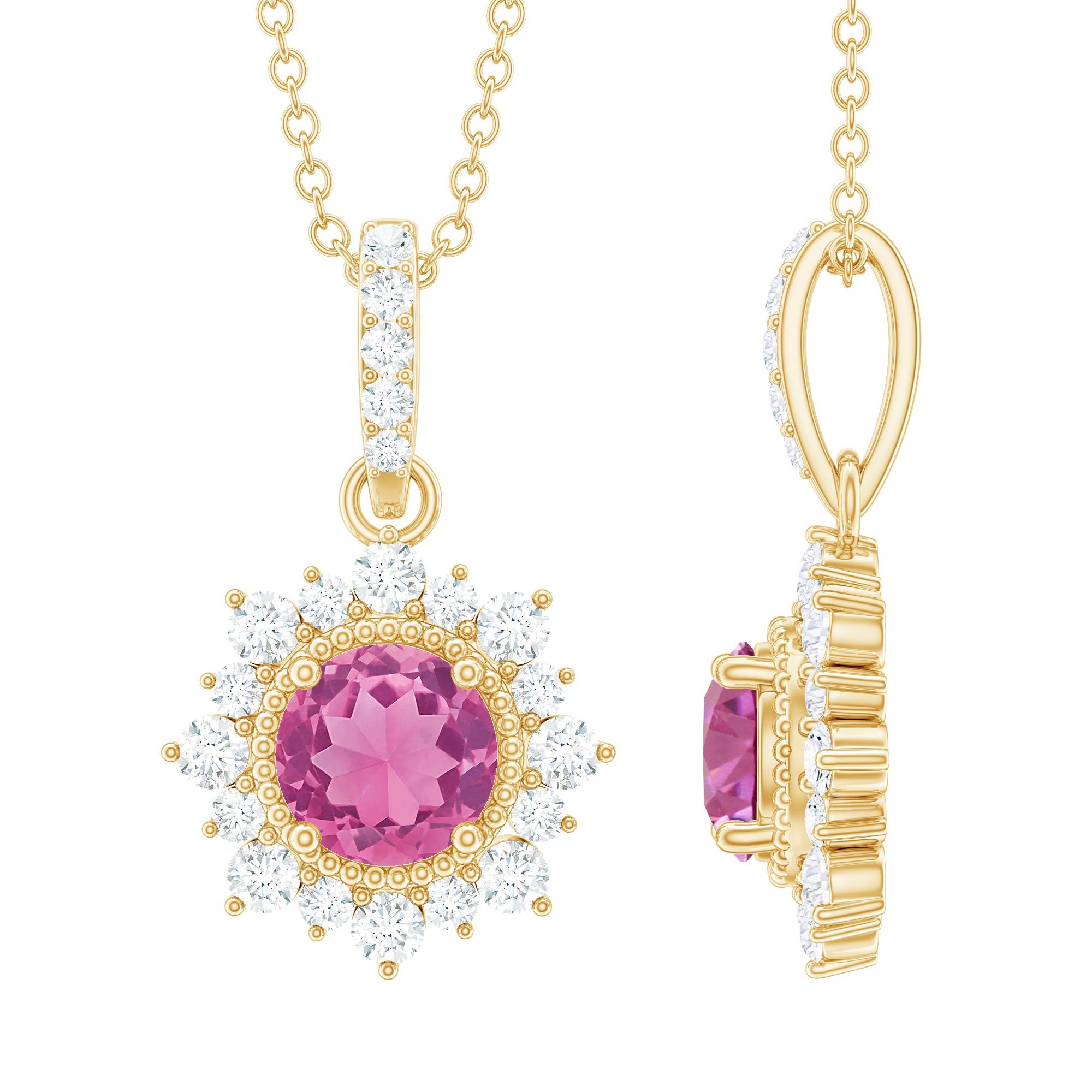 Pink Tourmaline Pendant – Round Pink Tourmaline With Diamond Halo Necklace, AAA Quality