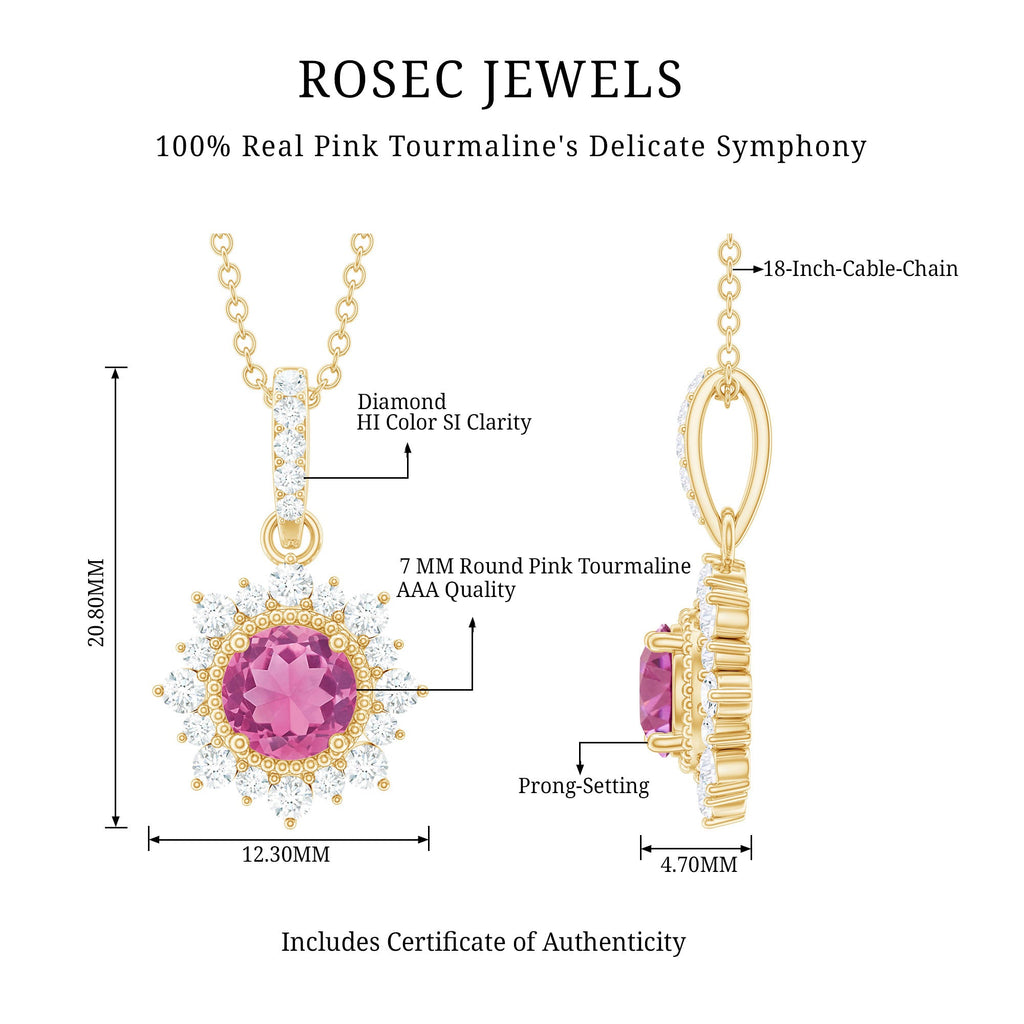 Pink Tourmaline Pendant – Round Pink Tourmaline With Diamond Halo Necklace, AAA Quality