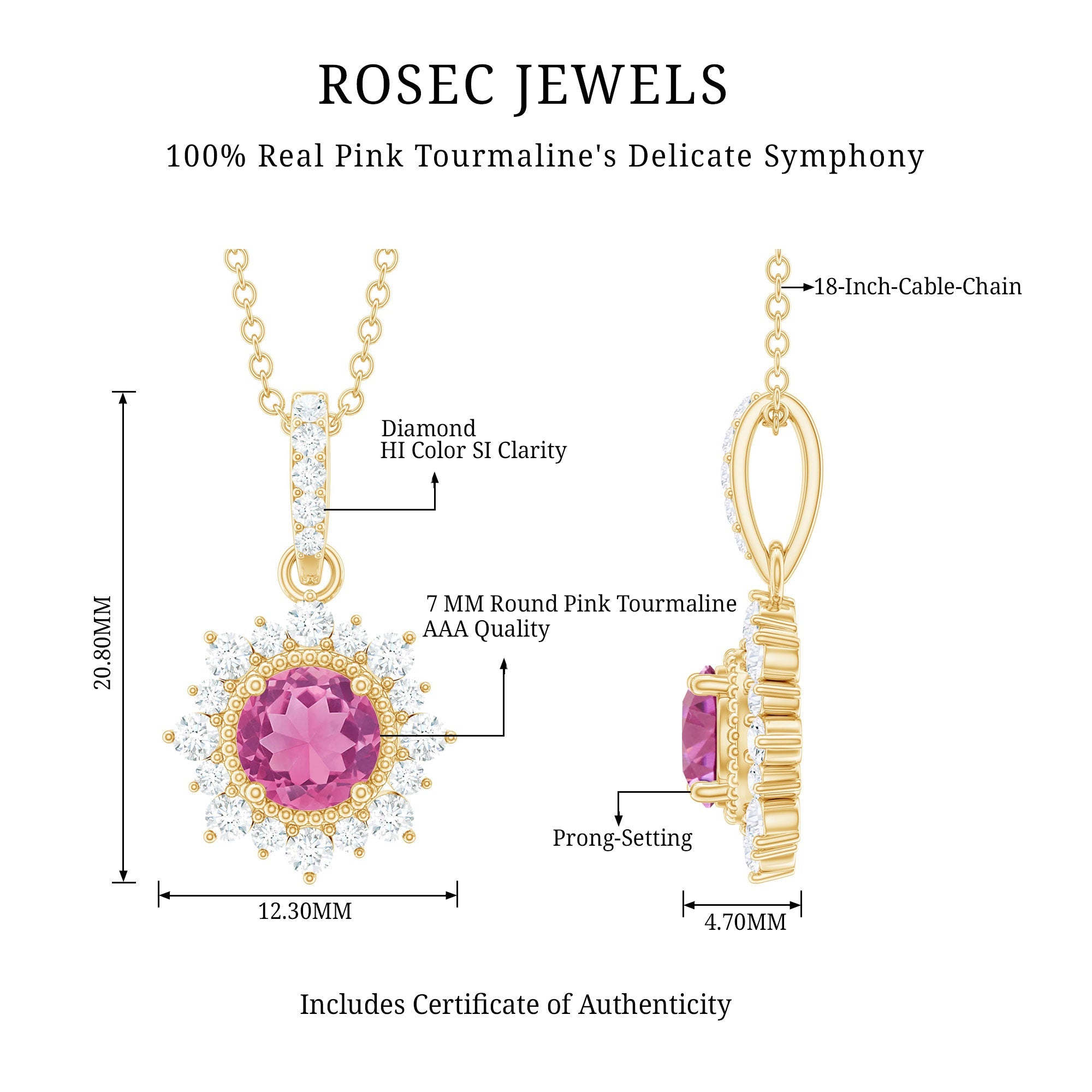 Pink Tourmaline Pendant – Round Pink Tourmaline With Diamond Halo Necklace, AAA Quality