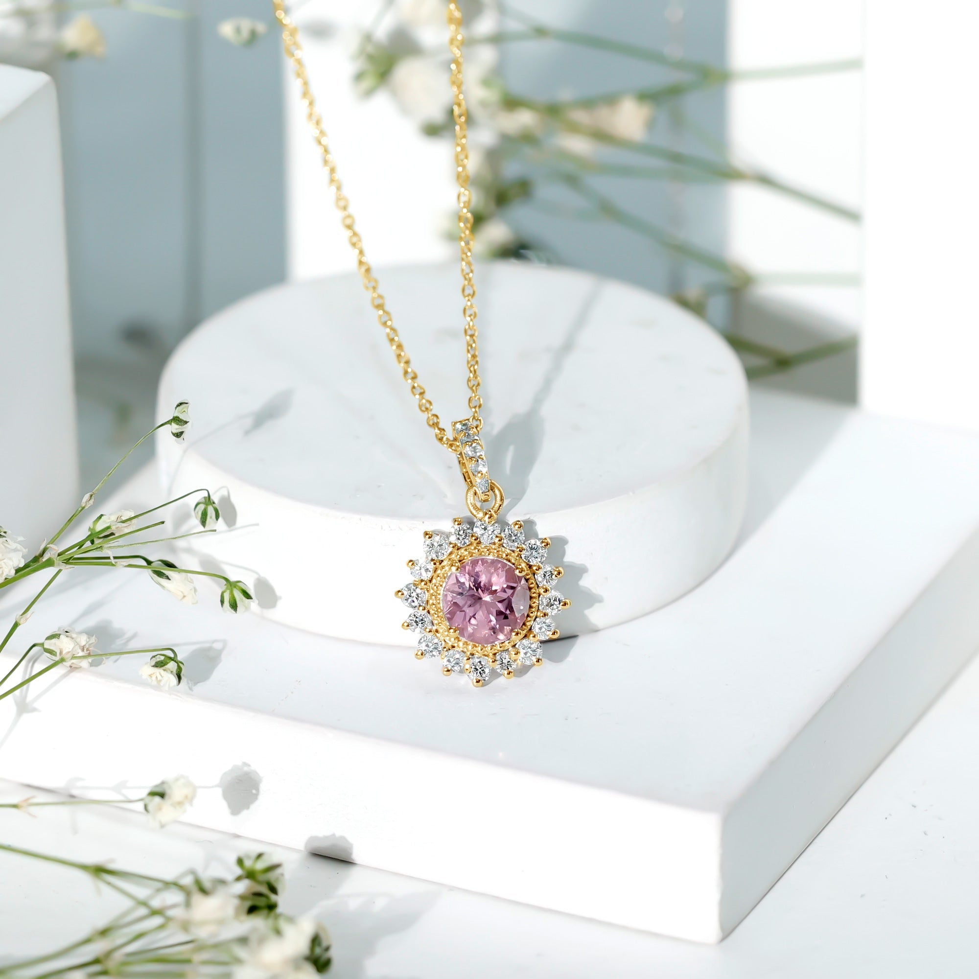 Pink Tourmaline Pendant – Round Pink Tourmaline With Diamond Halo Necklace, AAA Quality